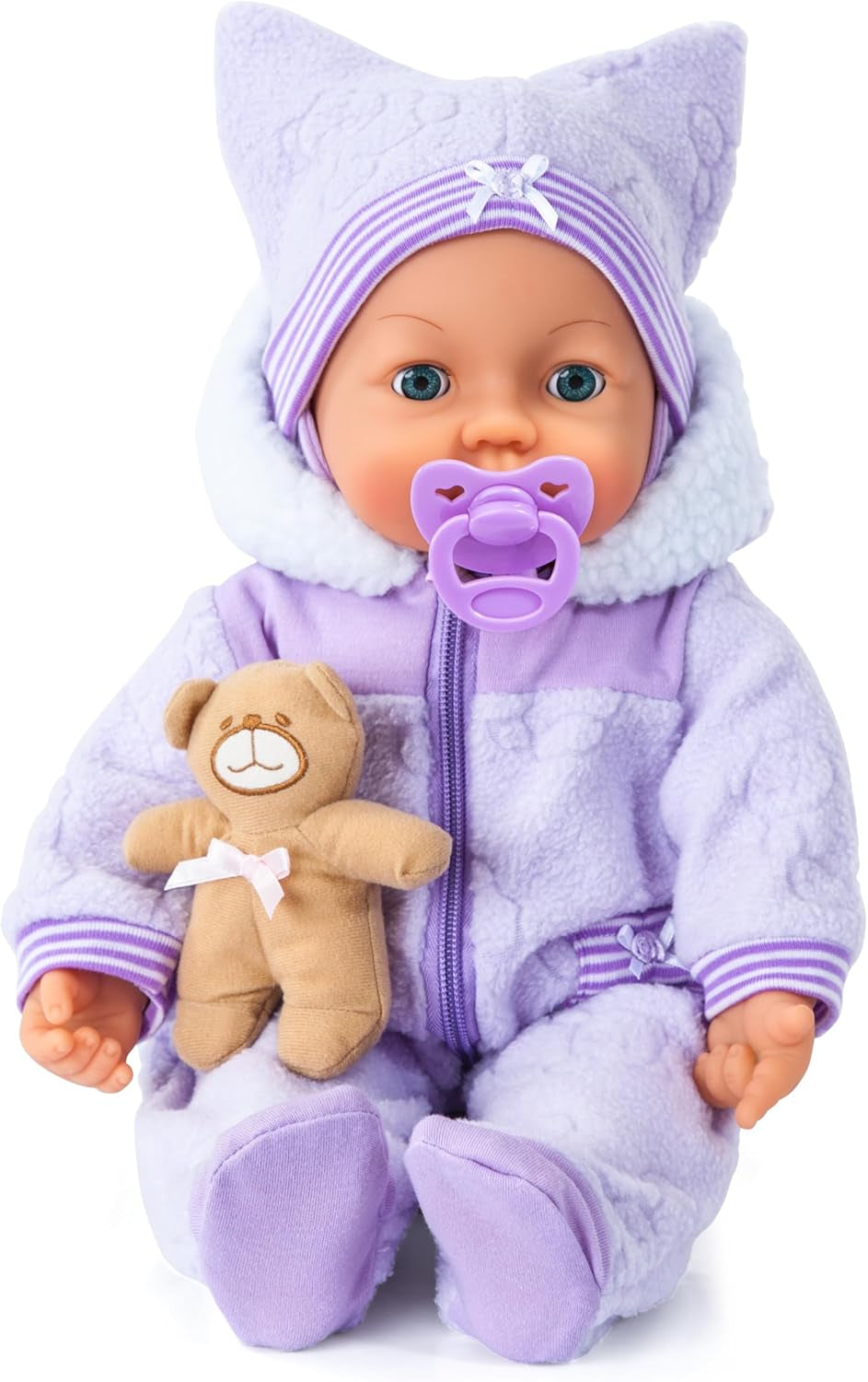 Bayer Design 94694AG 94694AA, Muñeca Funcional, Muñeca Interactiva Piccolina Magic Eyes, Mueve la Boca, Parpadea y Cierra los Ojos, Habla, Morado, 46cm
