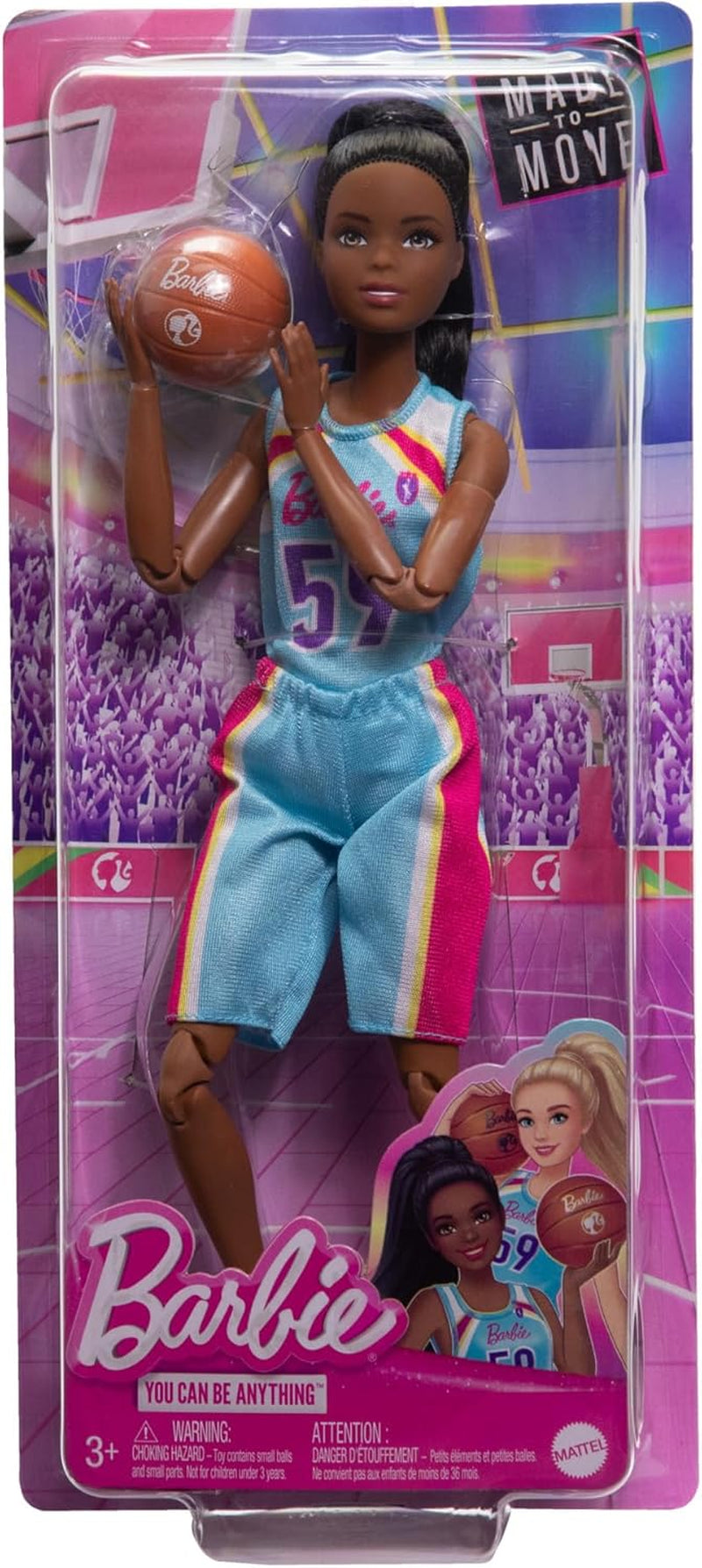 Barbie Made to Move Muñeca y Accesorios, Jugadora de Baloncesto Morena con Vestido Deportivo Desmontable y Pelota, 22 Articulaciones, HKT74