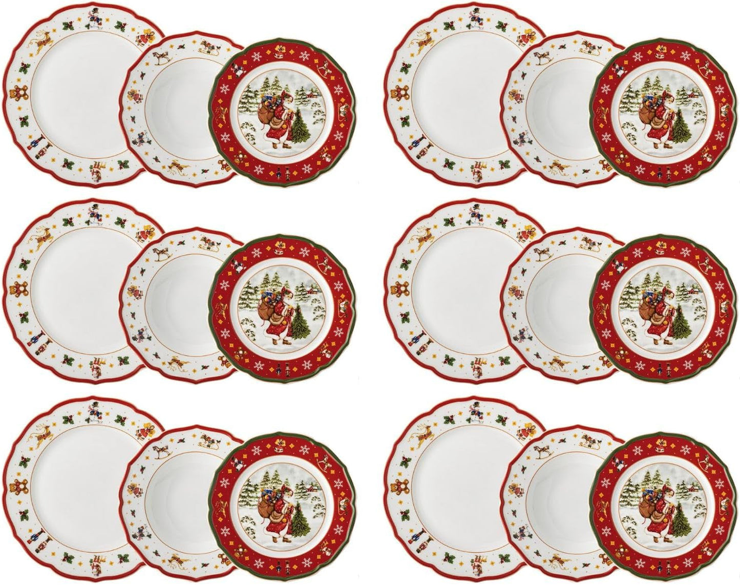 Hutschenreuther Happy Wintertime Red Christmas - Vajilla para 6 personas, porcelana, multicolor, 6 platos de desayuno, 6 platos llanos y 6 platos llanos, apto para lavavajillas y microondas