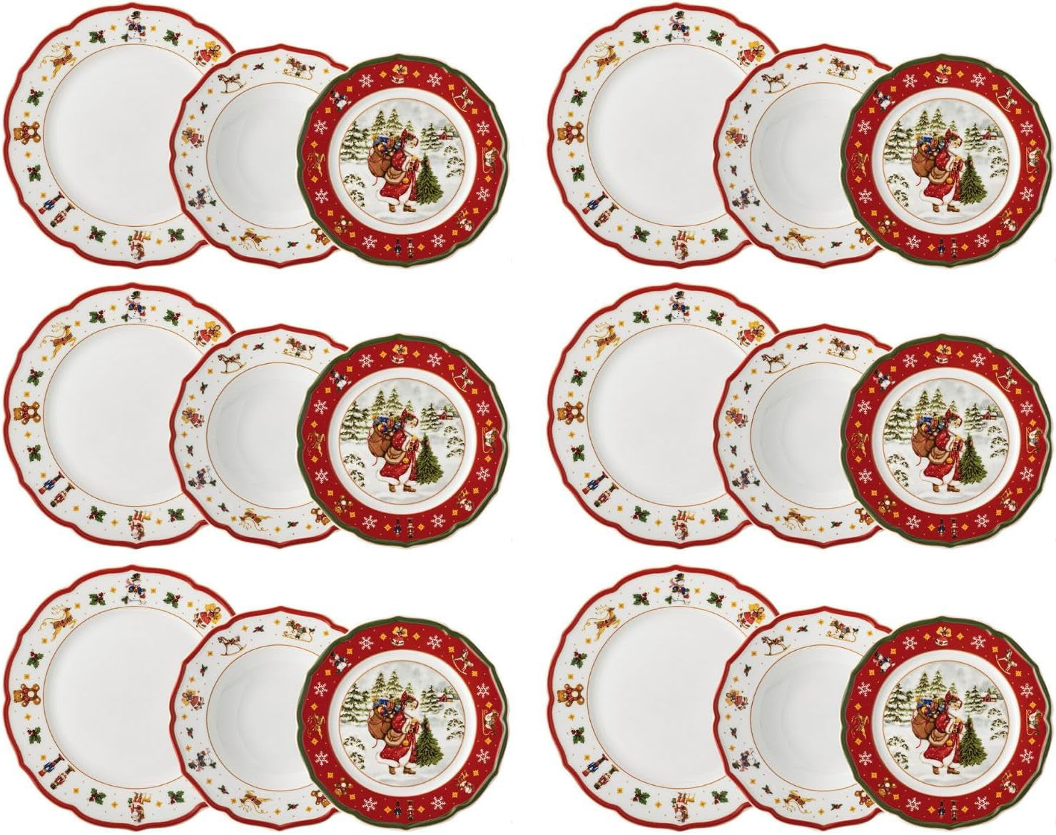 Hutschenreuther Happy Wintertime Red Christmas - Vajilla para 6 personas, porcelana, multicolor, 6 platos de desayuno, 6 platos llanos y 6 platos llanos, apto para lavavajillas y microondas