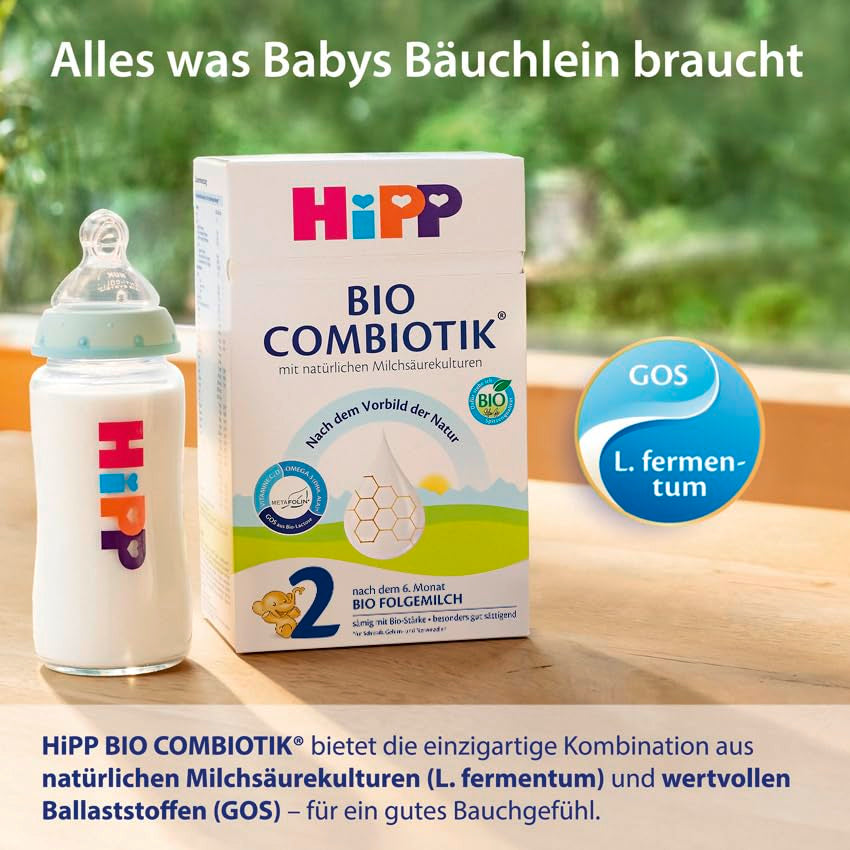 HiPP 2 Organic Combiotik (4 x 600g), leche de continuación a partir de los 6 meses, con almidón, cultivos naturales de ácido láctico, GOS, Omega-3 (DHA, ALA), de la mejor calidad biológica