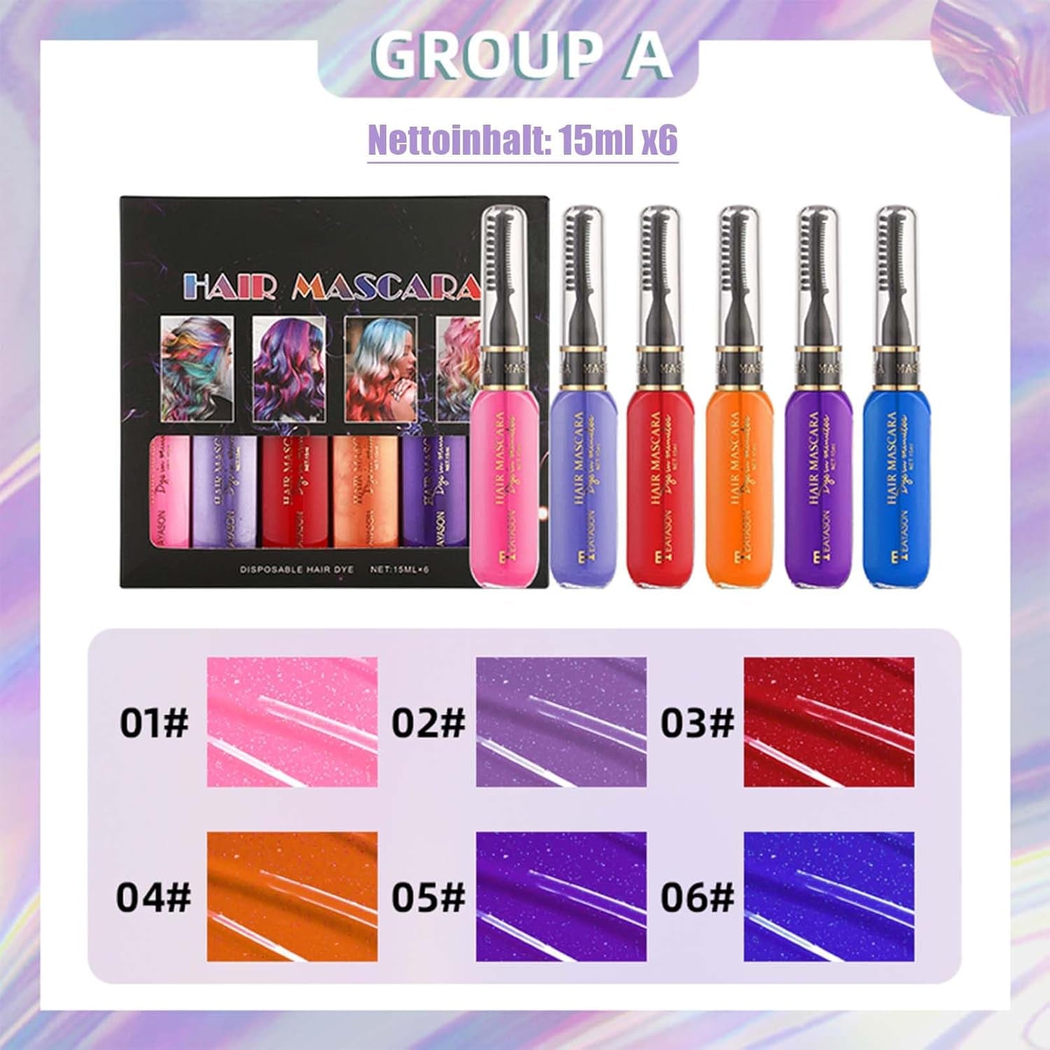 Tinte para el cabello instantáneo, 6 colores, máscara temporal para el cabello para niñas y mujeres, tiza para el cabello lavable, máscara para el cabello con arcoíris, tinte para el cabello para carnaval, Halloween, fiesta de cosplay, cumpleaños (A) Naty Shop Tinte para el cabello