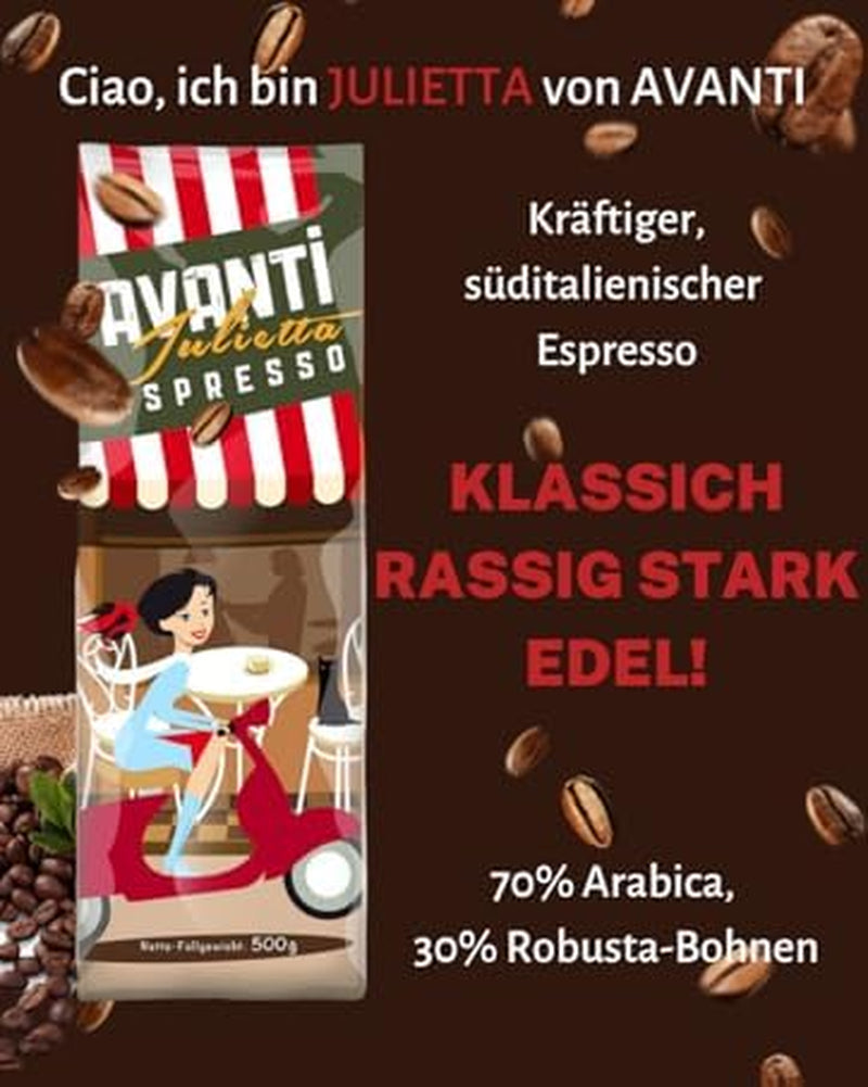 AVANTI Julietta Café en grano Espresso, 500g, 70% Arábica 30% Robusta, tueste tradicional en tambor