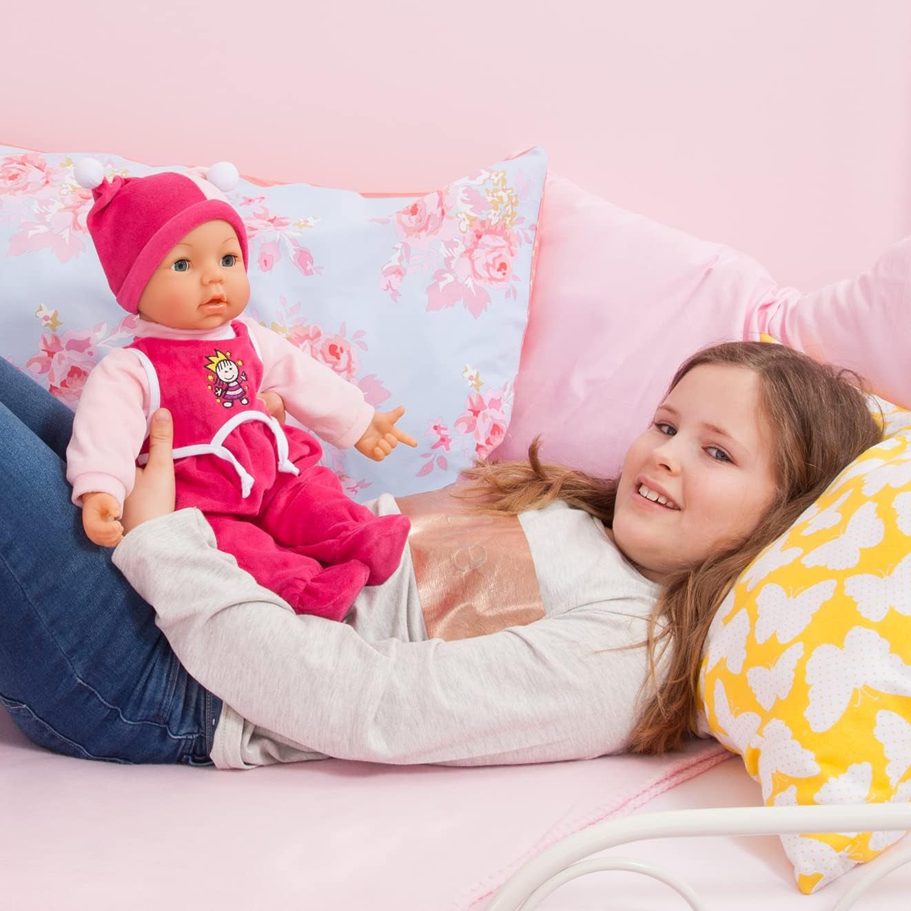Funktionspuppe Hello Baby mit Geräuschen, bewegt den Mund, interactivo Puppe, Babypuppe, mit Zubehör, 46cm, rosa
