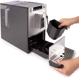 Melitta Solo & Milk: cafetera delgada totalmente automática con espumador de leche, cafetera con depósito de agua extraíble, p. café o capuchino, plata