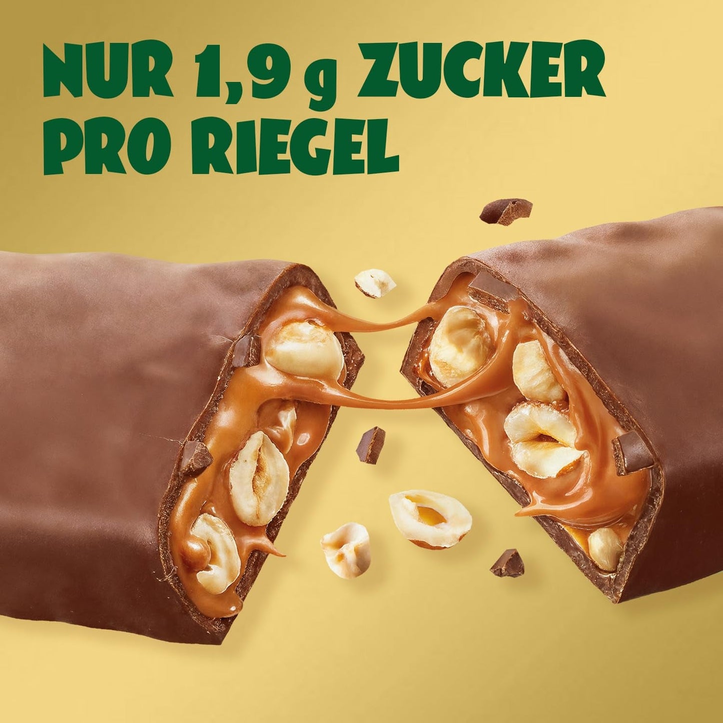 Barras de chocolate con caramelo y avellanas por delante | 12 tabletas de chocolate x 35 g sin azúcares añadidos | 1,9 g de azúcar por barra | Crujiente sabor avellana y caramelo | Dulces bajos en carbohidratos | Sin aceite de palma