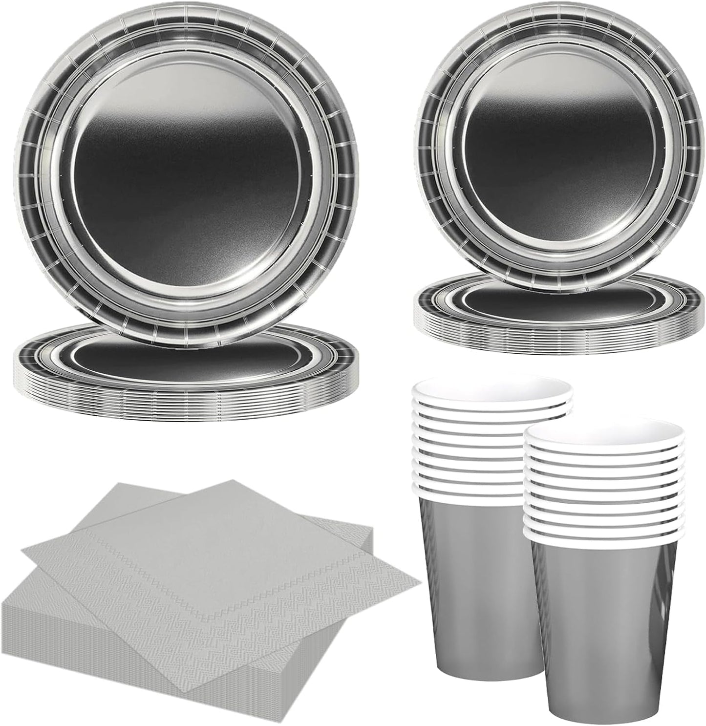 Juego de Cubiertos de Papel Plateado de 68 Piezas, Platos de Papel Plateados, Vasos de Papel, Servilletas, Vajilla Decorativa para Fiestas, Cumpleaños, Bodas, Año Nuevo, Suministros para Fiestas de Graduación
