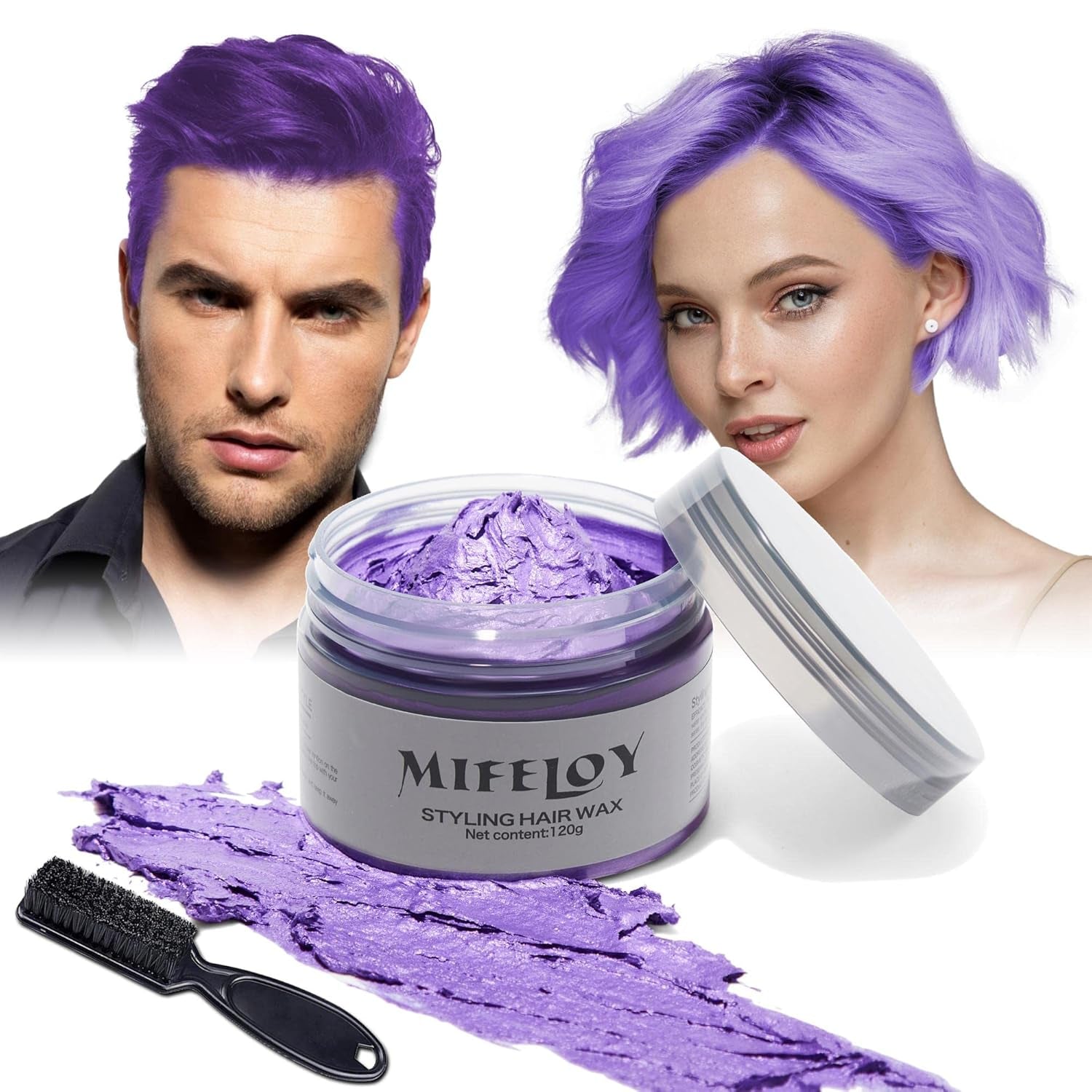 Tinte para el cabello morado de 4.23 oz, color de cabello temporal con cepillos, cera para el tono del cabello para hombres y mujeres, crema para el cabello instantánea, pomada de peinado natural, DIY Cosplay, cera para el cabello de Halloween, tinte para el cabello Naty Shop morado