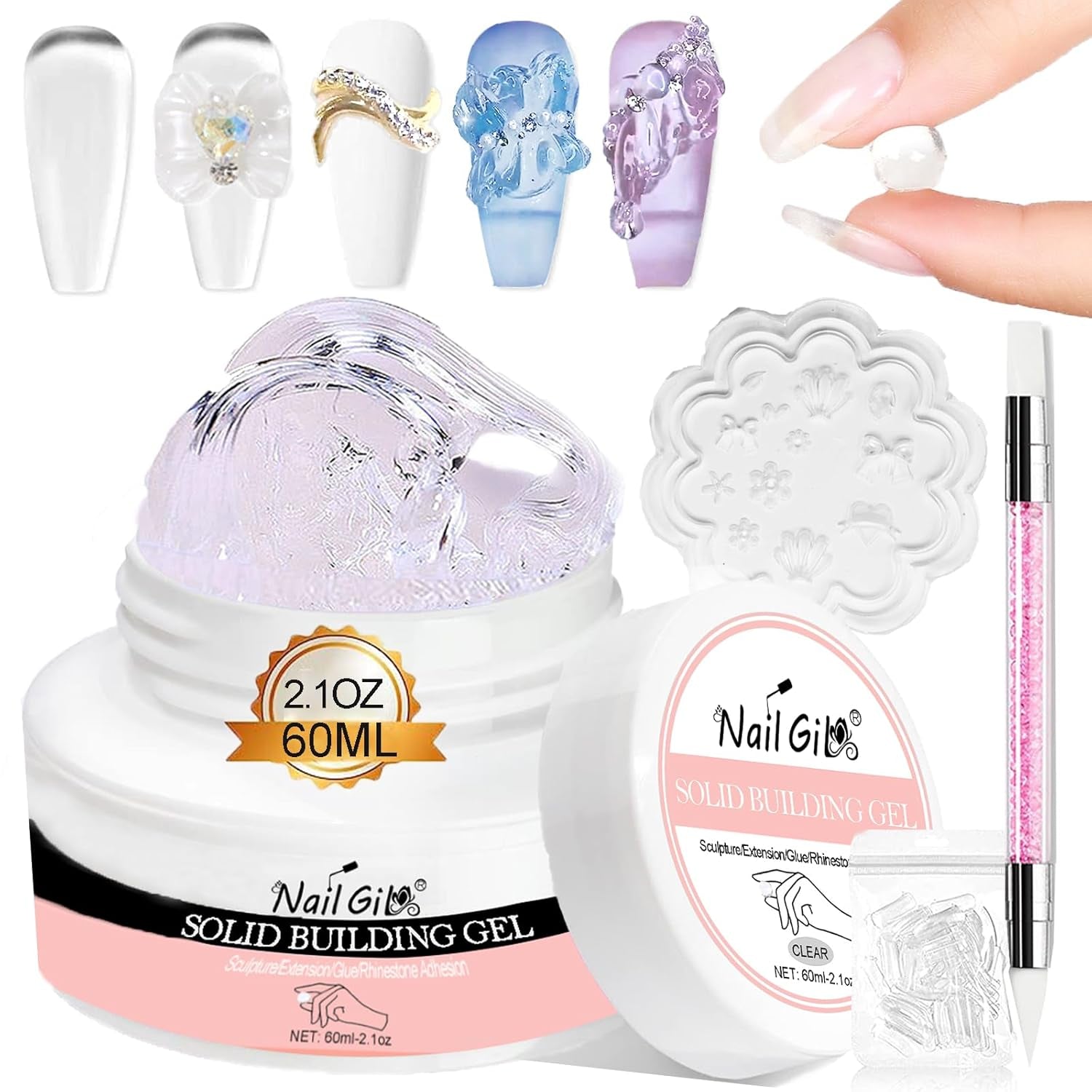 NAILGIL Esmalte de uñas de gel sólido, pegamento de uñas de gel sólido, escultura de arte de uñas 3D con juego de herramientas, salón de bricolaje en casa, transparente 15G