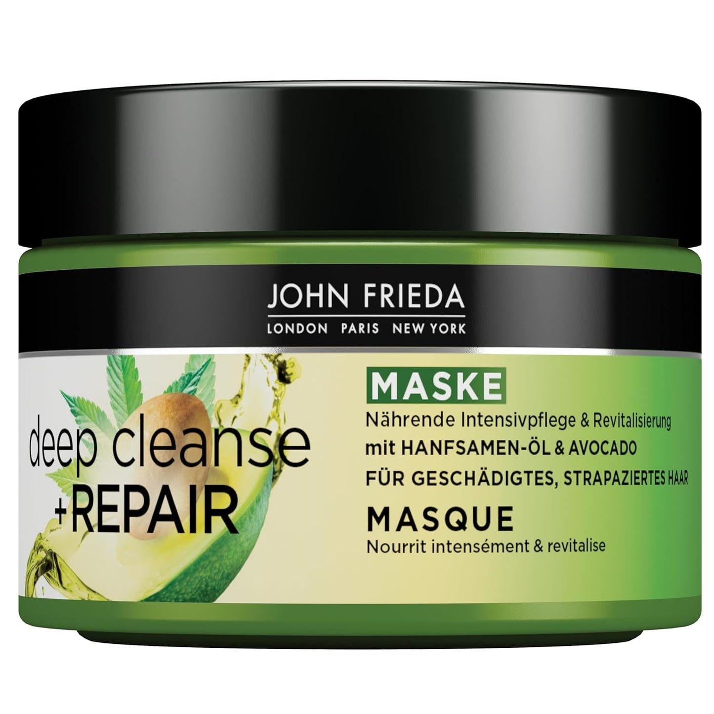 John Frieda - Mascarilla/Tratamiento Limpieza y Reparación Profunda - Contenido: 250 ml - Con aceite de semilla de cáñamo + aguacate nutritivo - Mascarilla capilar calmante para cabello dañado Naty Shop Hair Mask 250 Ml (1 pack)