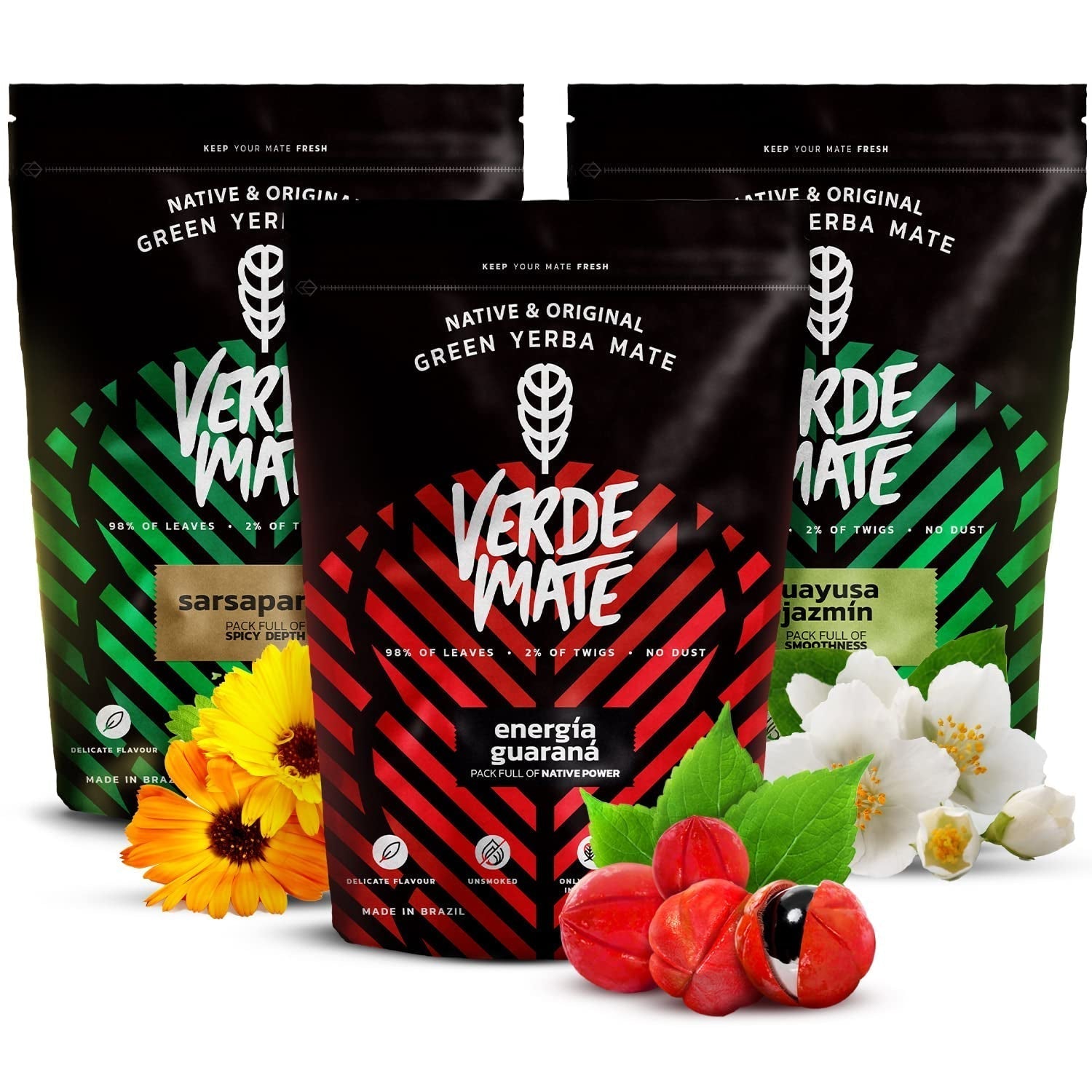 Juego de té de hierbas Yerba Mate | Yerba Mate con hierbas | Green Mate Energía Verde Guaraná, Guayusa Jazmín, Zarzaparrilla | Yerba Mate verde brasileña | 3X500G
