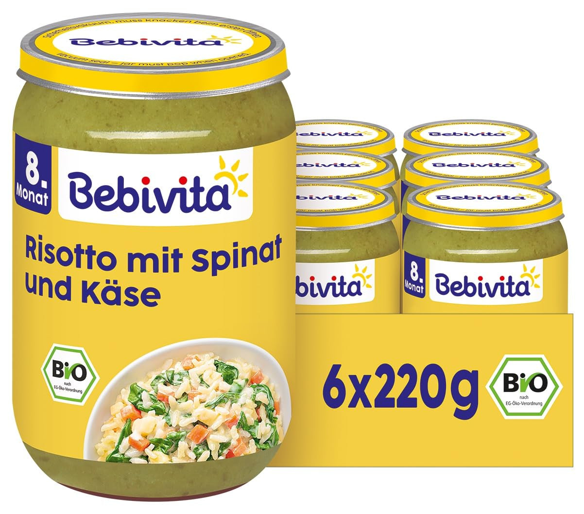 Comidas a partir de 8 meses: Risotto con queso y espinacas, 220g, pack de 6 (6x220g)