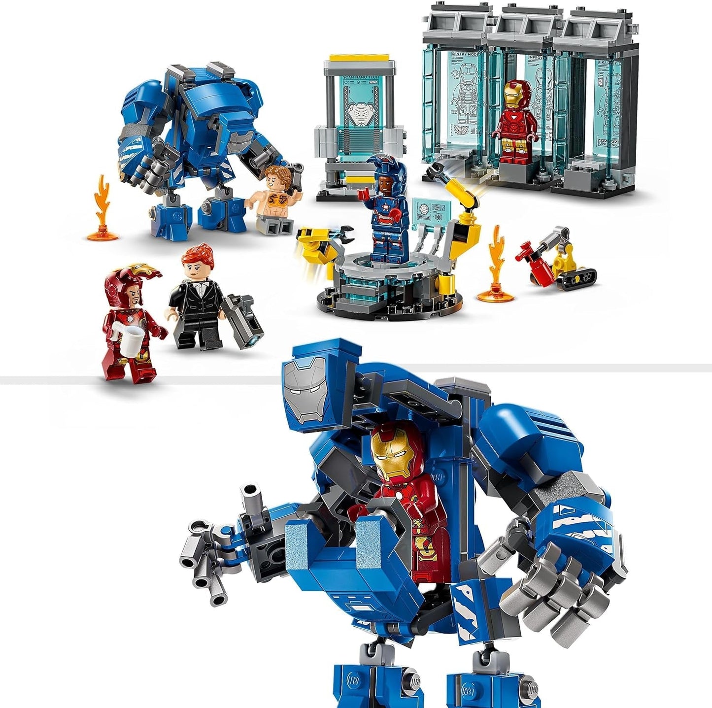 LEGO Marvel Laboratorio de Iron Man: Salón de la Armadura - Juguete de superhéroe con figura mecánica, 5 minifiguras, incluido Aldrich Killian - Regalo de los Vengadores para niños y niñas a partir de 8 años 76315 Juegos de construcción Beuche den LEGO-Store