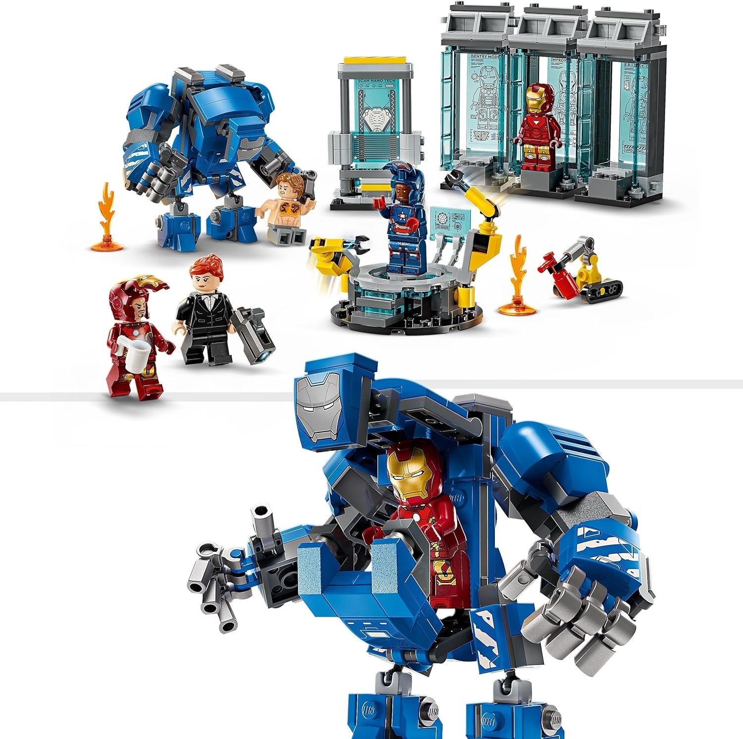 LEGO Marvel Laboratorio de Iron Man: Salón de la Armadura - Juguete de superhéroe con figura mecánica, 5 minifiguras, incluido Aldrich Killian - Regalo de los Vengadores para niños y niñas a partir de 8 años 76315 Juegos de construcción Beuche den LEGO-Store