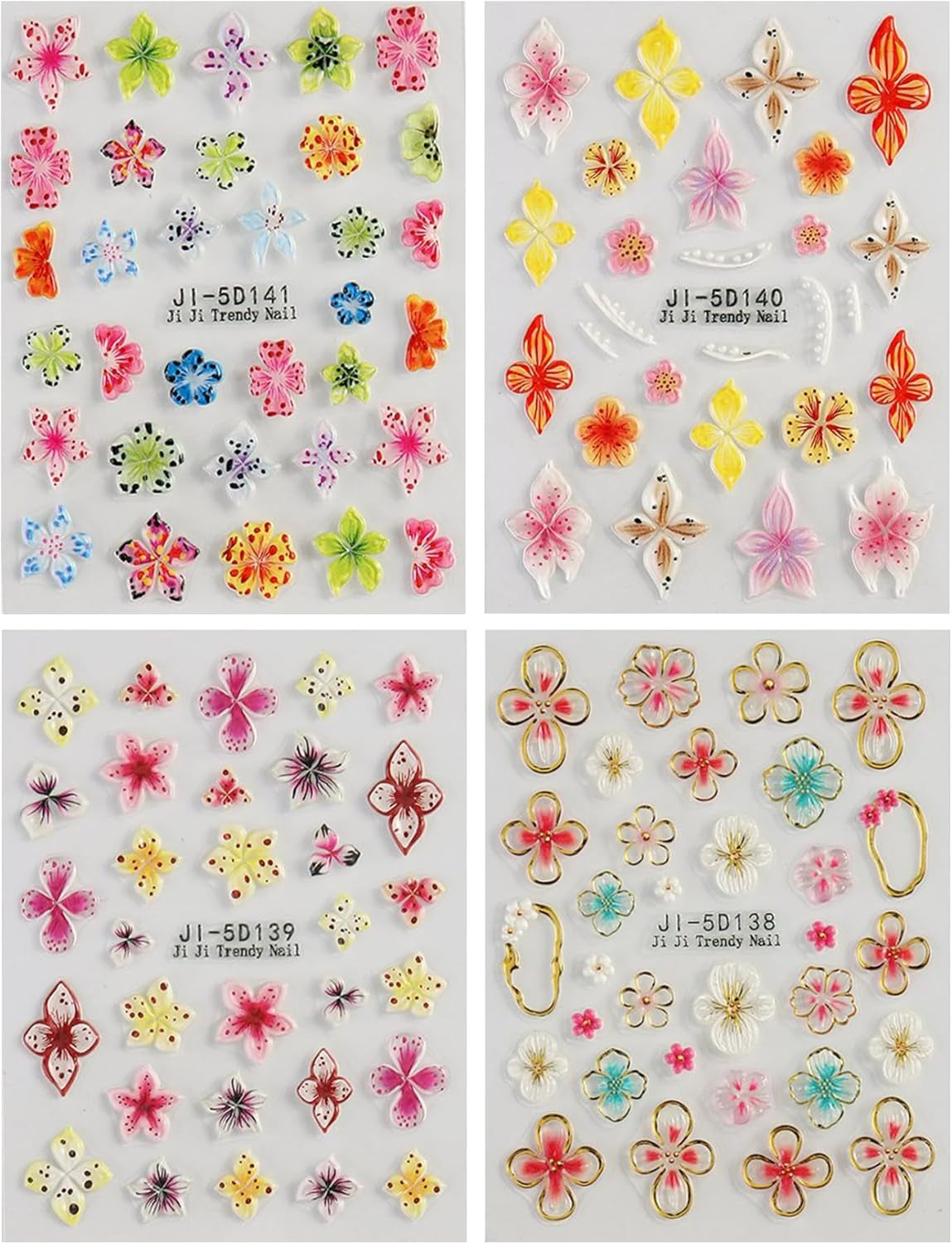 JMEOWIO 3D Nagelsticker Flor Colorida Nail Art Sticker Selbstklebend Nagelaufkleber 5D Stereoskopisch Primavera Verano Floral Dekoration Nageldesign Zubehör 4 Blatt