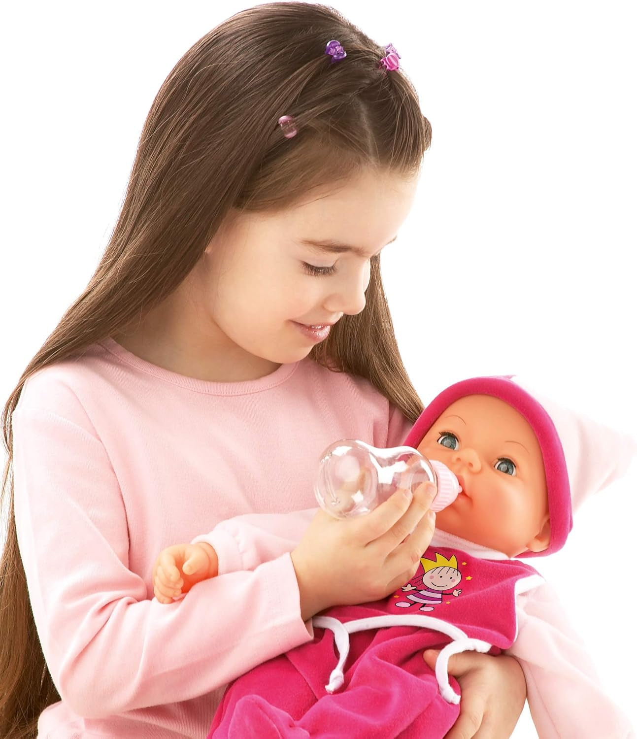 Funktionspuppe Hello Baby mit Geräuschen, bewegt den Mund, interactivo Puppe, Babypuppe, mit Zubehör, 46cm, rosa