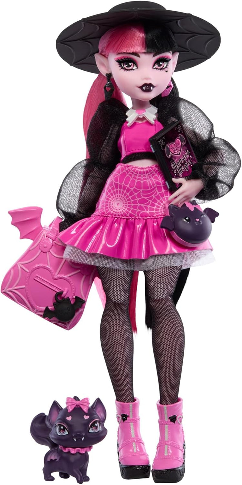 Muñeca Monster High Draculaura con su mascota gato murciélago Count Fabulous y accesorios como mochila, libro de hechizos, caja bento y más, HRP64 Naty Shop Muñecas Count Fabulous