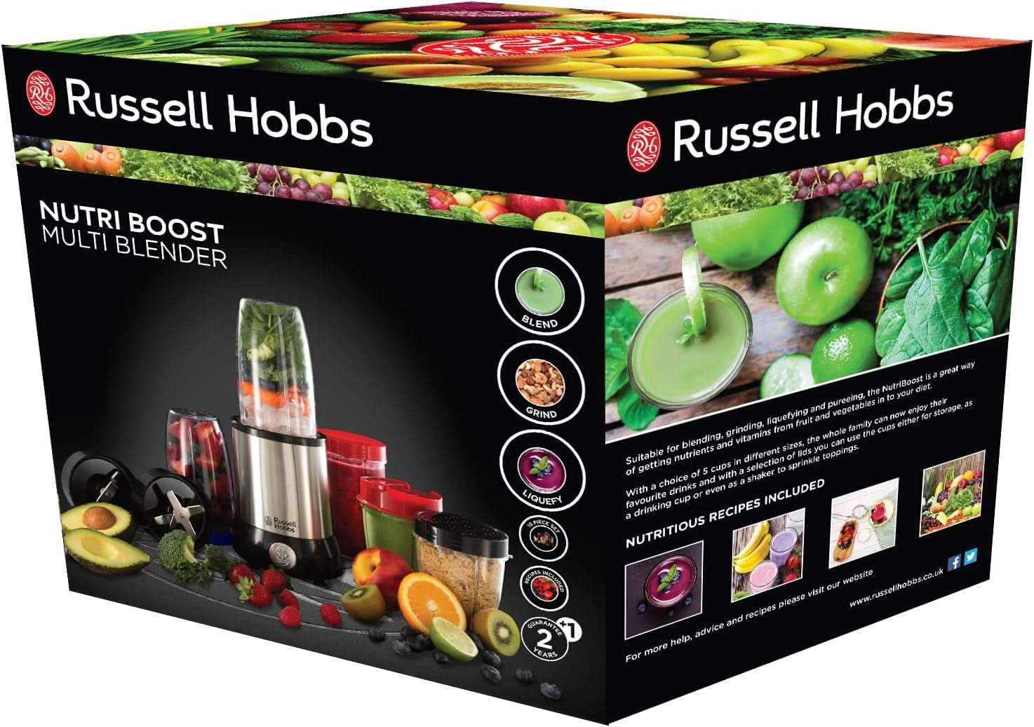 Batidora Russell Hobbs [Multifunción - Batidora de pie] Nutriboost (Inkl. 5 Bpa-Freie Und Spülmaschinengeeignete Behälter + Deckel, 22.000 U/Min, 0,9 Ps-Motor) Elektrischer, Smoothie-Maker 23180-56 Kitchen Naty Shop