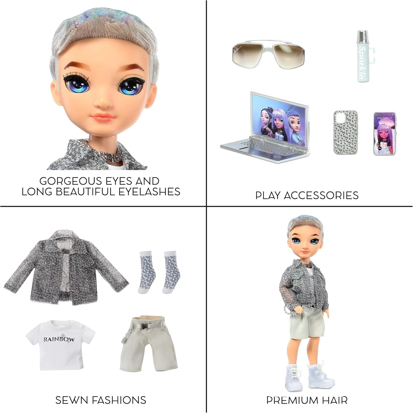 Muñeca Rainbow High Fashion - Aidan Russell - Muñeco morado - Conjunto moderno y más de 10 accesorios de juego coloridos - Para coleccionistas y niños de 4 a 12 años