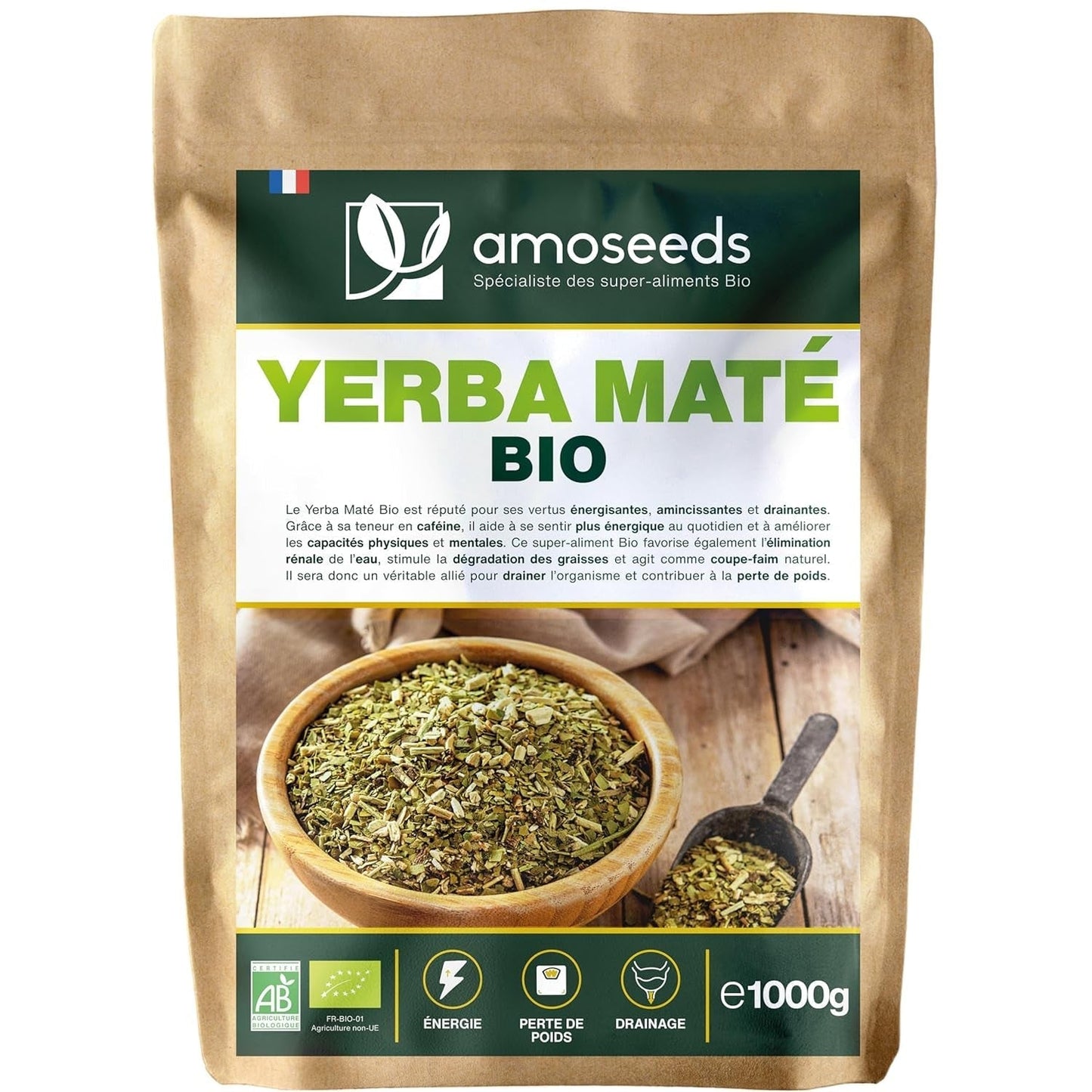 Yerba Mate ORGÁNICA 1 kg | Mate verde sin ahumar | 100% hojas, sin tallos | Energía, alternativa al café | Calidad superior
