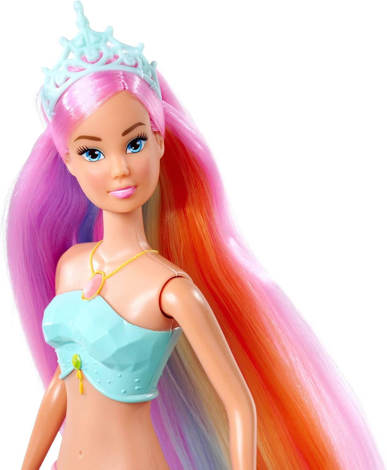 Steffi Love Magic Rainbow Mermaid, Muñeca Sirena con Función de Luz Mágica Arco Iris y Pelo Extra Largo, 39 cm, Edad 3+