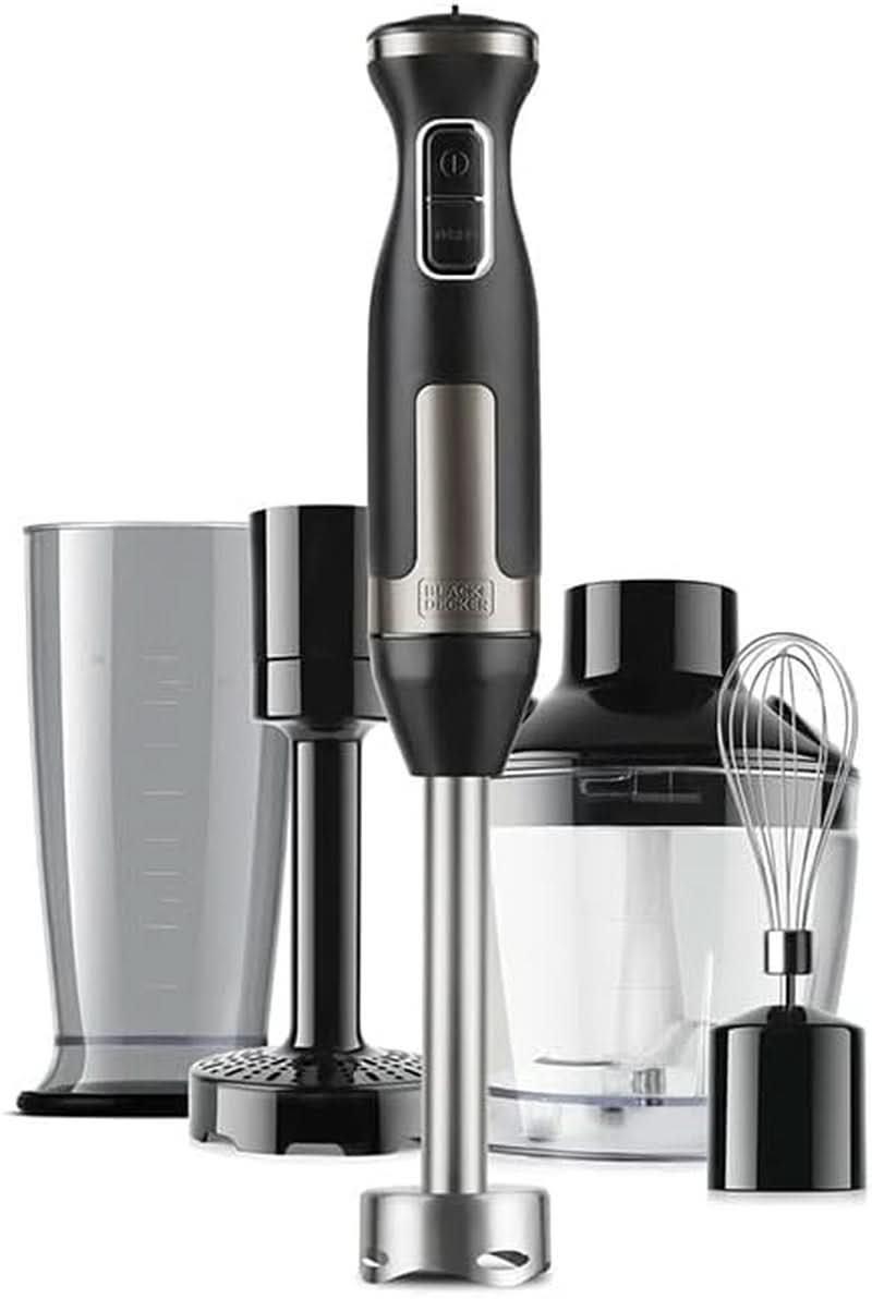 BLACK+DECKER Batidora de pie | BXHBA1500E | 1500 vatios | 20 velocidades | turbo | Edelstahl | Spritzchutz | Incluyendo Pürieraufsatz, Schneebesen, Zerkleinerer Und Messbecher Cocina Naty Shop Single 4 Zubehörteile 1500W