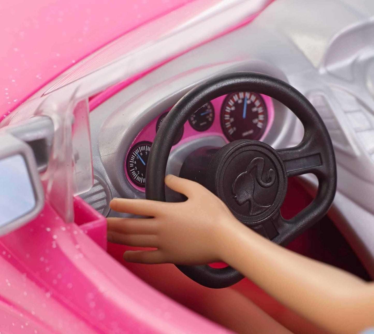 Muñeca Barbie y convertible con purpurina rosa, neumáticos realistas, logotipo, juguete para edades de 3 años en adelante, DJR55