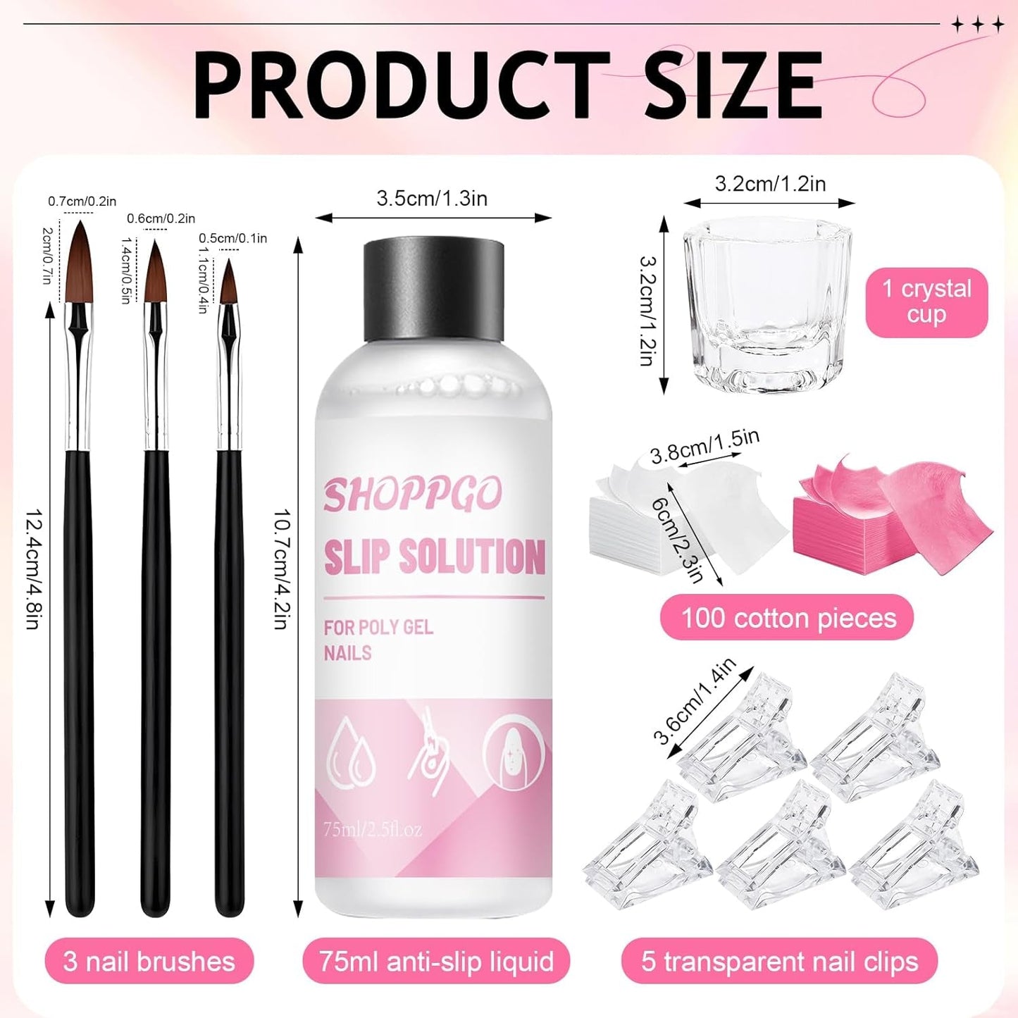 Solución para uñas Polygel, kit para uñas con solución antideslizante Polygel, soluciones líquidas para uñas Polygel de 75 ml, 5 clips para puntas de uñas, 3 cepillos para uñas, 1 vaso de cristal, 100 hojas de limpieza