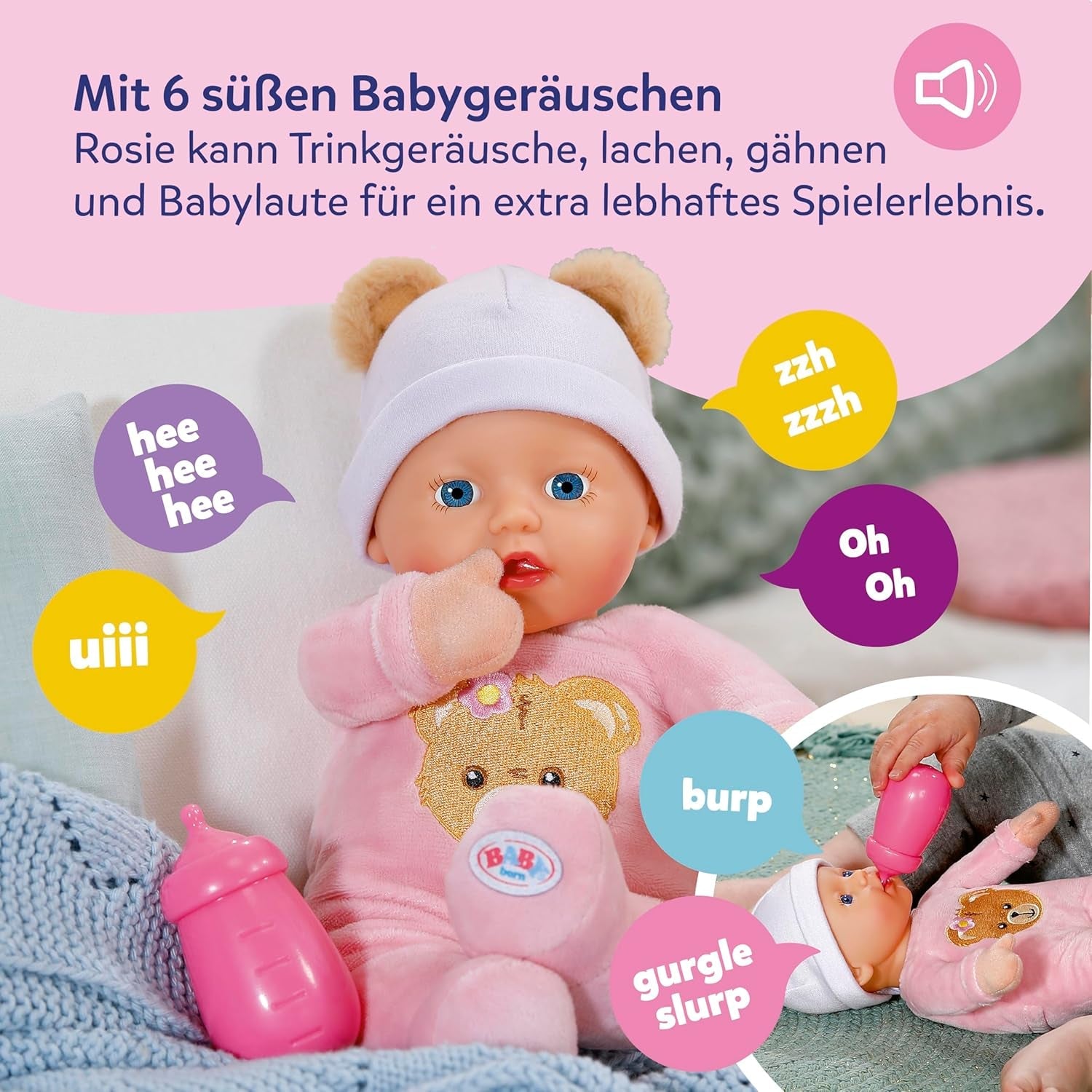 Baby Born Rosie muñeca blanda 30 cm con 6 sonidos y biberón, rosa