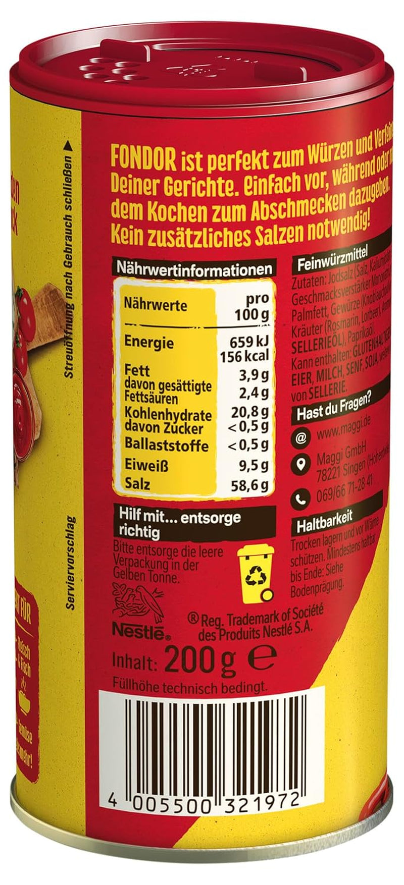 MAGGI Fondor Condimento para verduras, carne o pescado, Condimento para sopas o ensaladas, paquete de 10 (10 x 200 g)