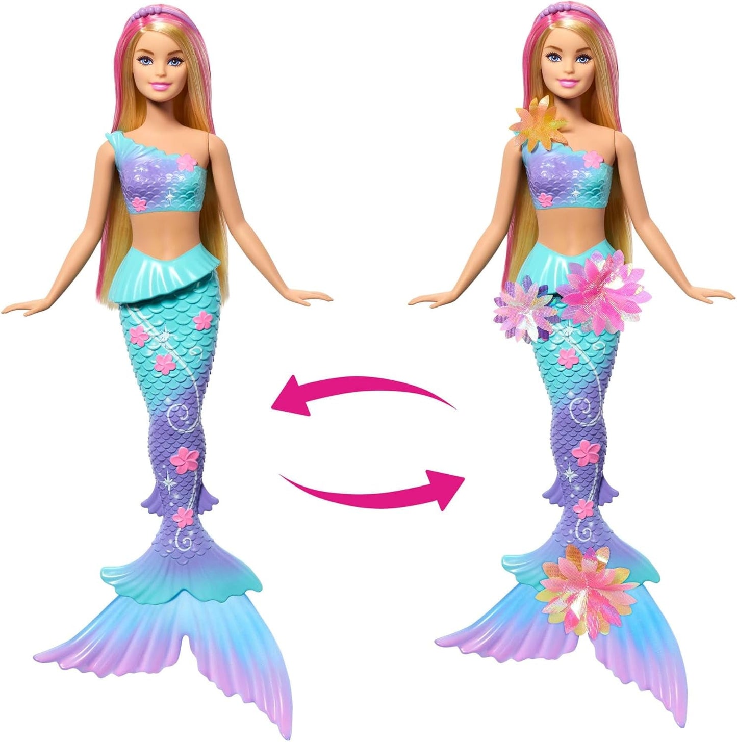 Barbie Meerjungfrauen-Spielzeug Puppe mit magischer Überraschungs Blüte, Schwanzflosse mit Farbverlauf, perlenbesetzten Haarreif und langem blondn Haar mit rosa Strehchen, JDM72