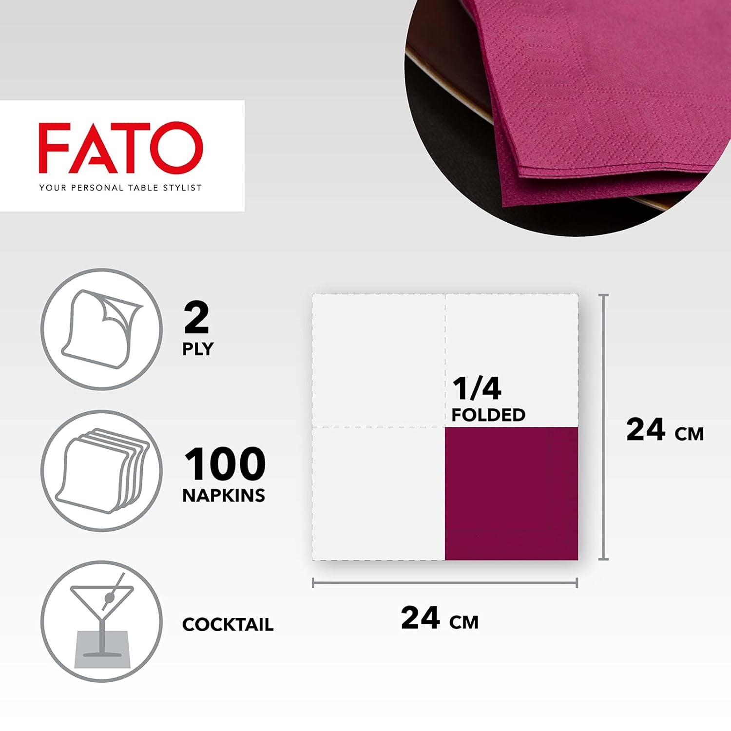 - Servilletas de Papel Desechables, Ideales para Aperitivos y Cócteles, Paquete de 100 Servilletas, Tamaño 24X24, 4 Capas, 2 Capas, Color Burdeos, Papel 100% Pura Celulosa, Certificado Fsc
