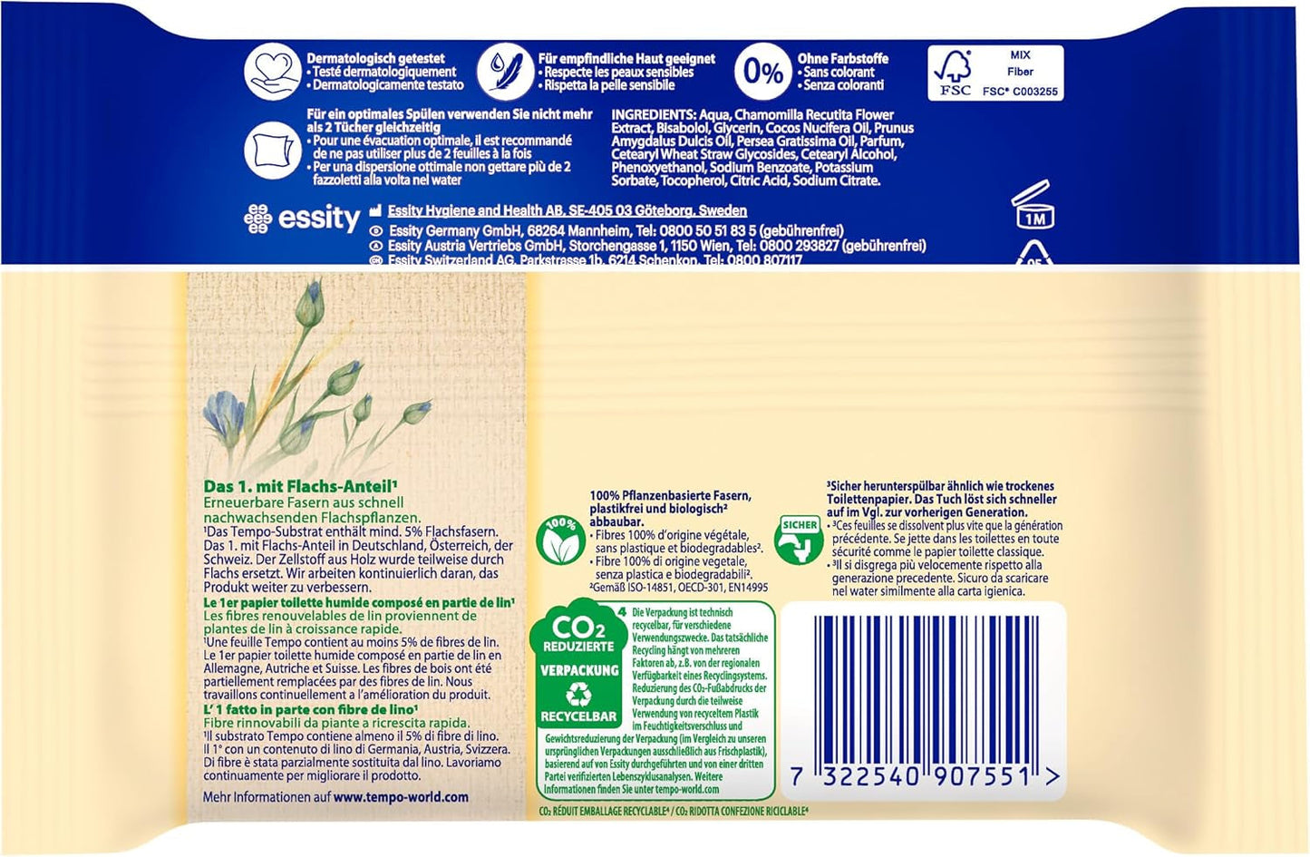 Toallitas Higiénicas Tempo "Gentle & Caring" - Megapack - 16 paquetes de 42 toallitas - Duo Packs - con manzanilla natural - papel higiénico, dermatológicamente testado y neutro al Ph de la piel