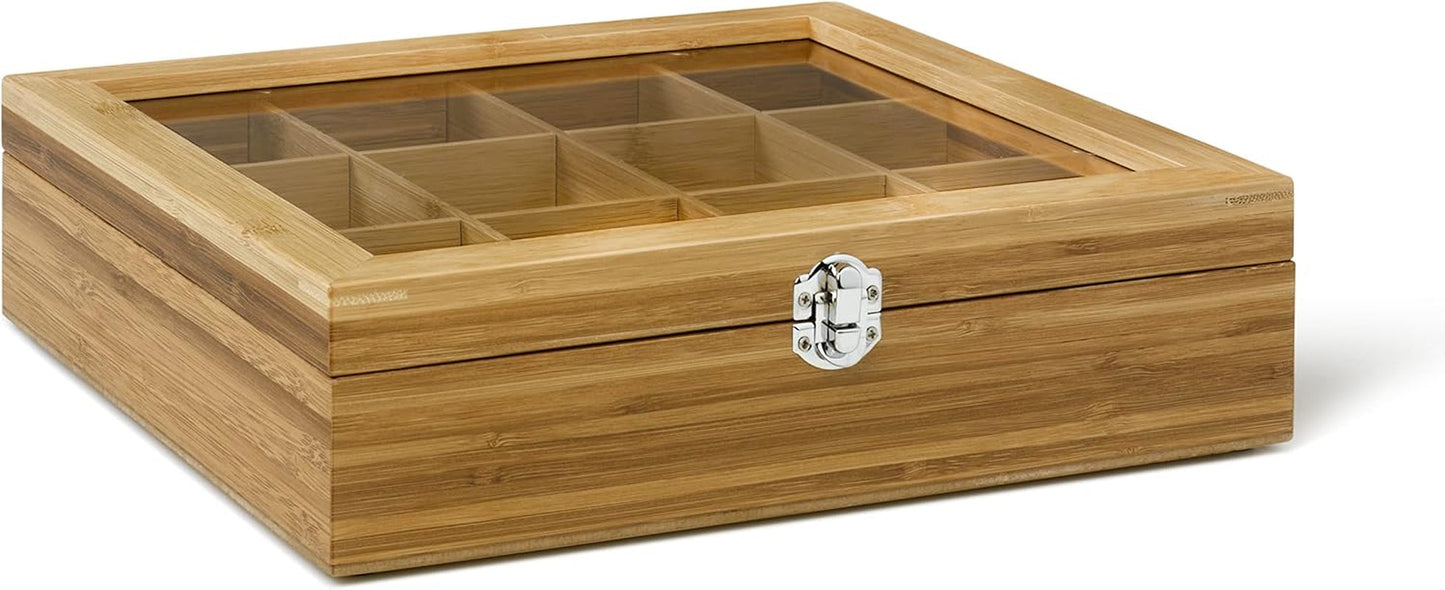Bredemeijer Caja grande para bolsitas de té de madera clara con 12 compartimentos y ventana de visualización Cajas para almacenar alimentos de 28 cm de largo Naty Shop Caja de té de madera con ventana de 12 compartimentos