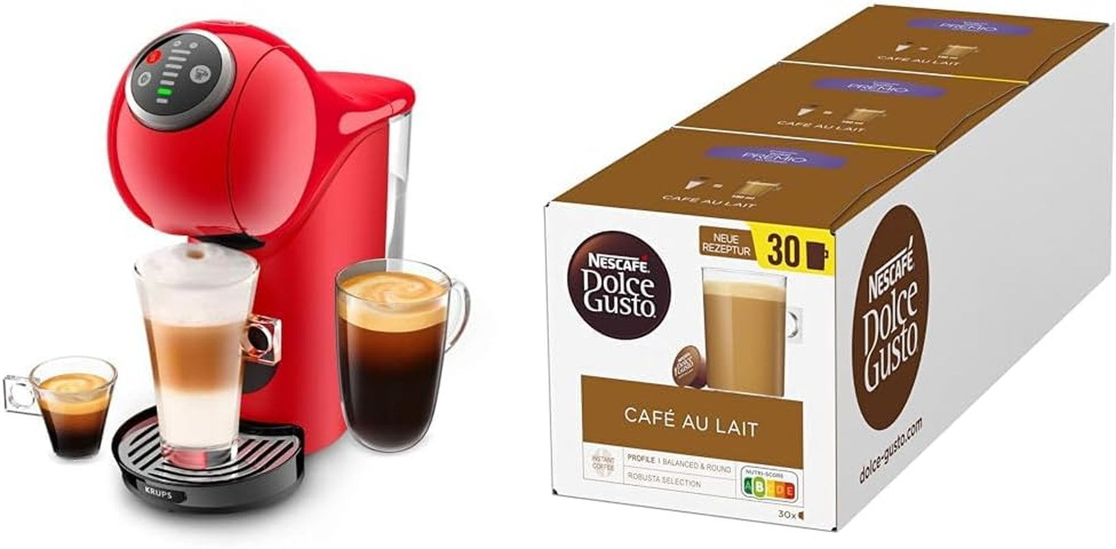 Krups KP3405 NESCAFÉ Dolce Gusto Genio S Plus Máquina de Cápsulas, Espresso Boost, Selección de Temperatura, Bebidas Frías y Calientes, Presión de Bomba de 15 Bares, Depósito de Agua de 0,8 L, 1500W, Color Rojo con Café au Lait
