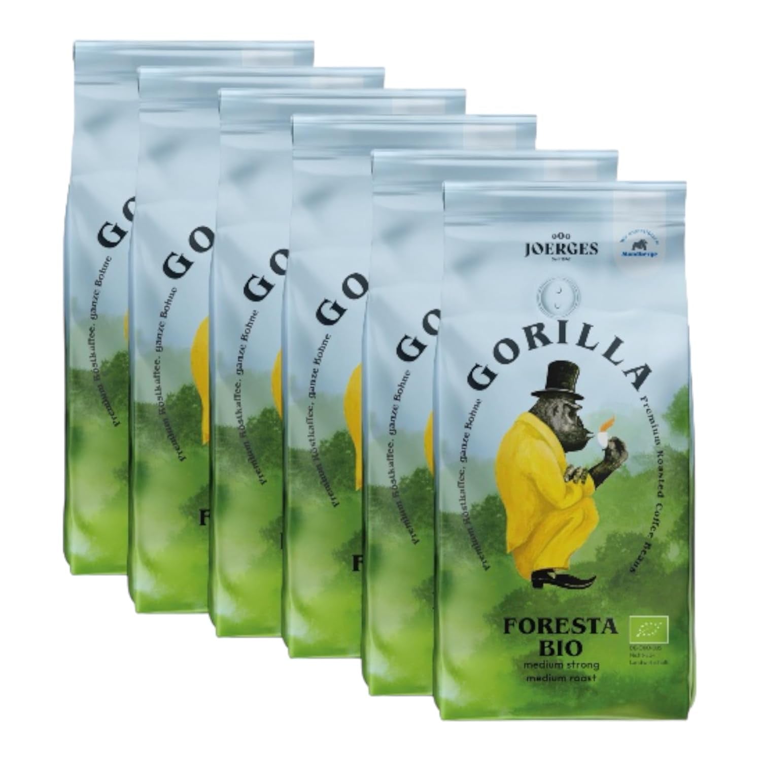 Café Gorilla Foresta 6 x 1000g en granos enteros tostados | Mezcla de Arábica | Portafiltro y cafeteras espresso totalmente automáticas | café expreso