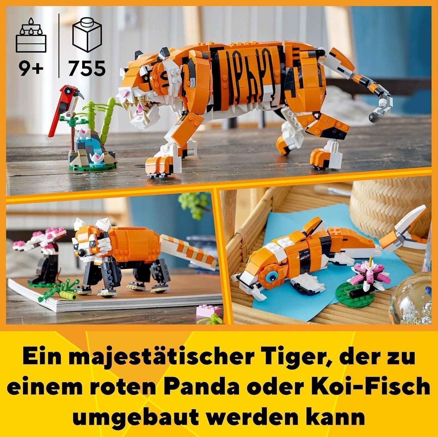 LEGO 31129 Creator Majestic Tigre, Panda o Pez Juego de figuras de animales 3 en 1 Juguete para niños Niños y niñas Juegos de construcción de juguetes de construcción de animales Besuche den LEGO-Store