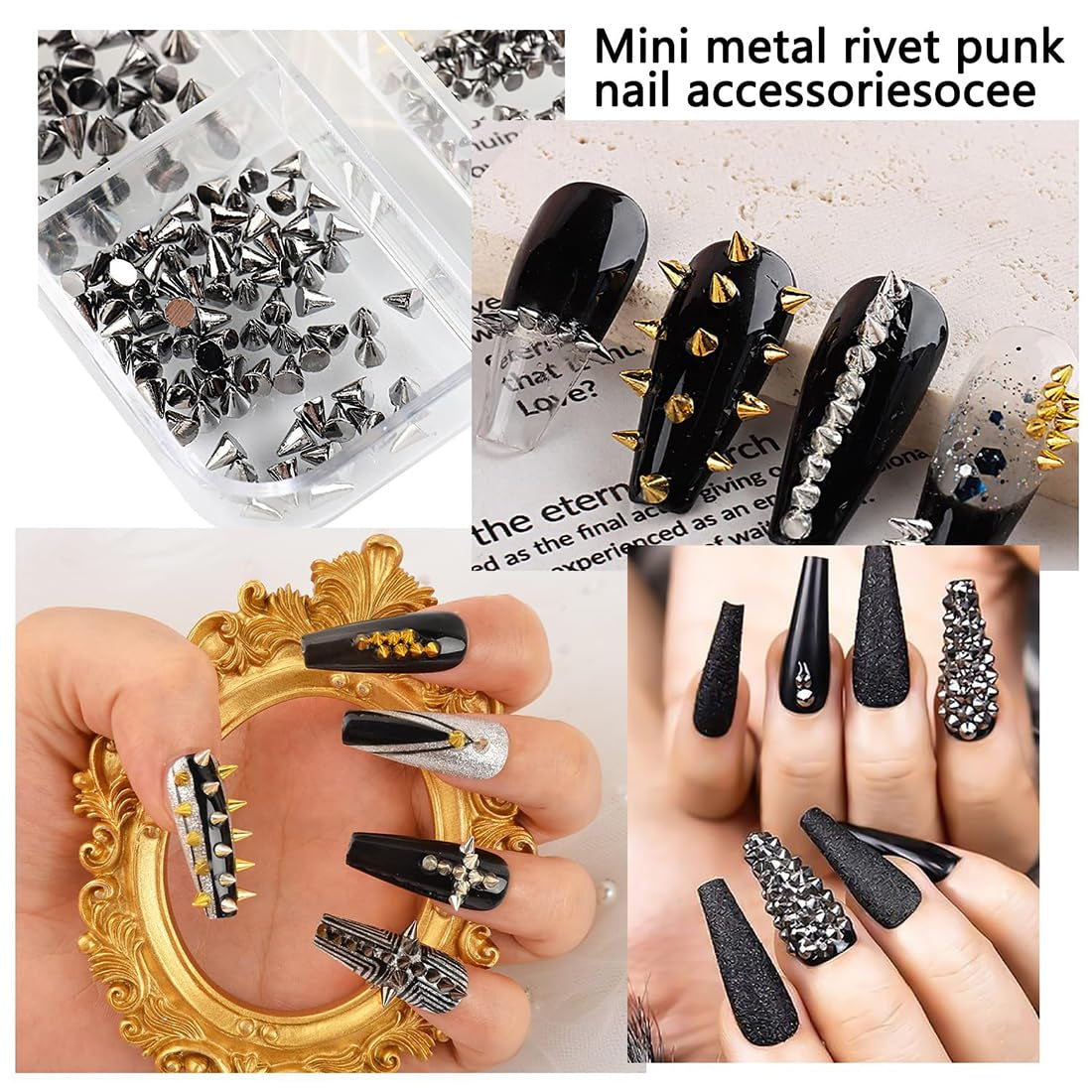 Mini Metall Nieten Punk Nail Charms Gold Silber Strasssteine ​​​​Nägel Charm Kegel Spikes Nagelschmuck Glitzersteine ​​​​Nail Art Studs Nagel Steine ​​​​Legierung Nagelanhänger Rhinestones Nageldesign Zubehör