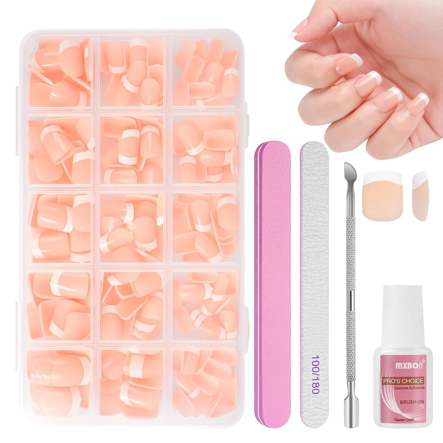 Juego de 240 puntas de uñas postizas, prensa francesa en uñas postizas, prensa en uñas francesas, 12 tamaños, uñas postizas con pegamento para mujeres y hombres (blanco desnudo, almendra mediana)