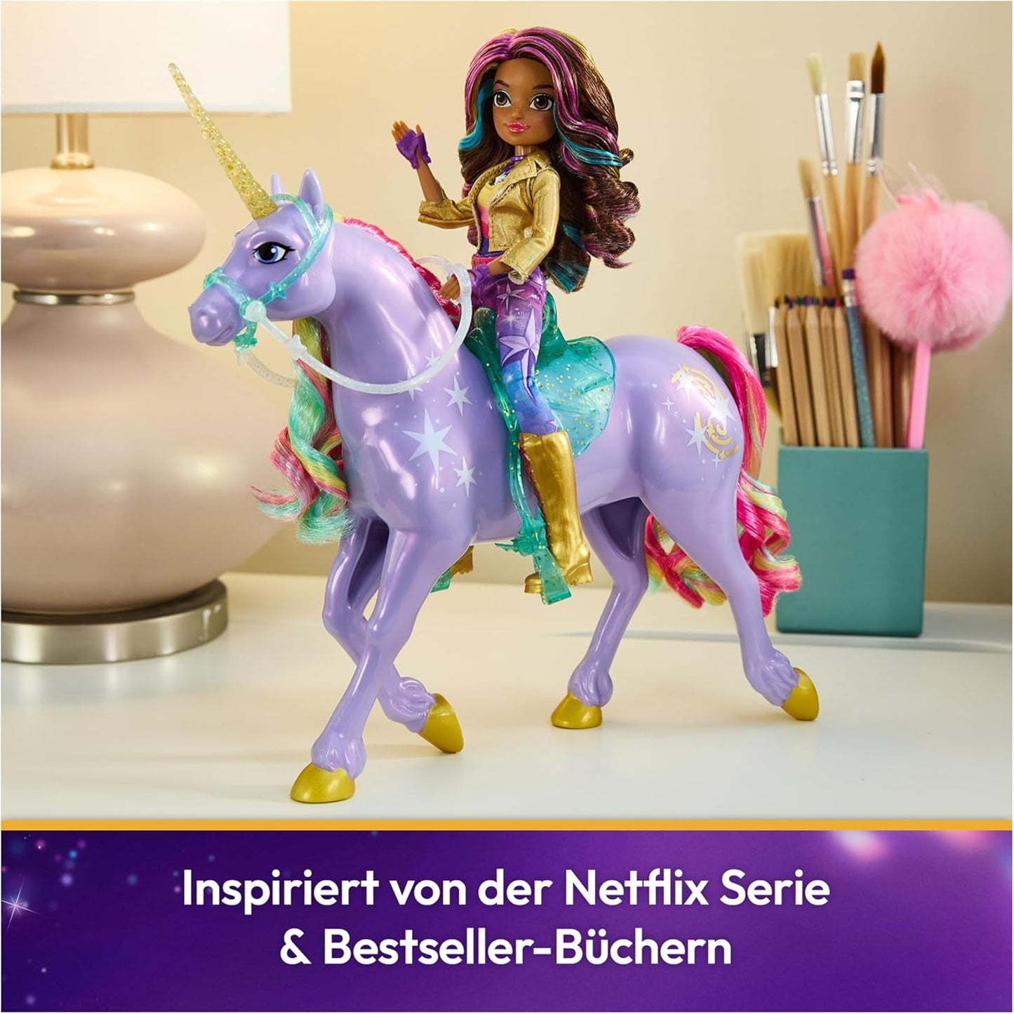 Wildstar Unicorn de Unicorn Academy: unicornio Sophia original de 28 cm de altura de la serie de Netflix con melena y cola reales, brida, silla y cepillo extraíbles, para edades de 4 años en adelante