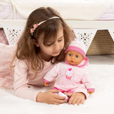 Babypuppe First Words mit Schlafaugen, spricht 24 Babylaute, mit Schnuller und Flasche, 38 cm, Rosa/streifen