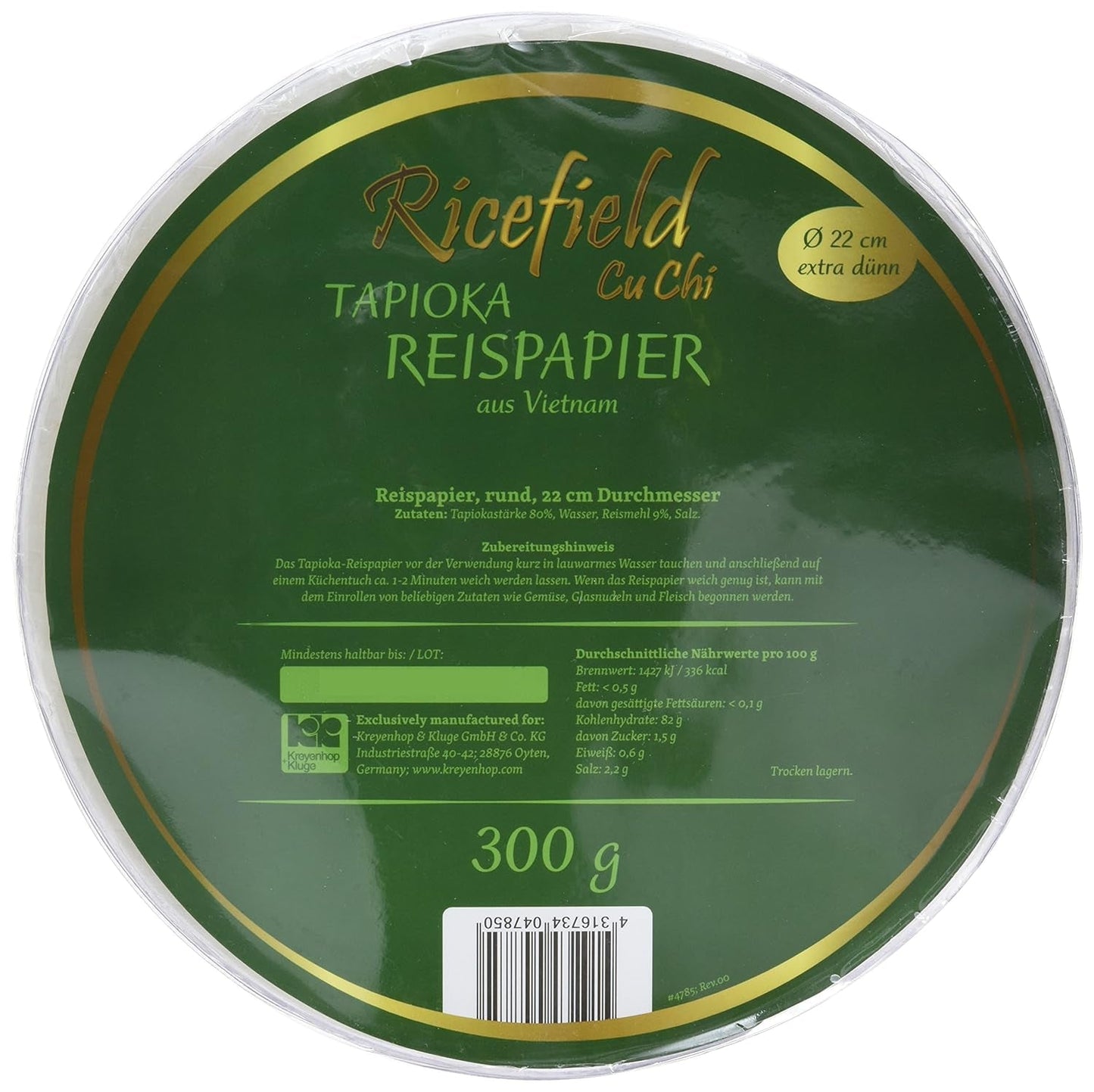 Ricefield Papel de Arroz Tapioca Redondo 22cm Calidad Premium 300g