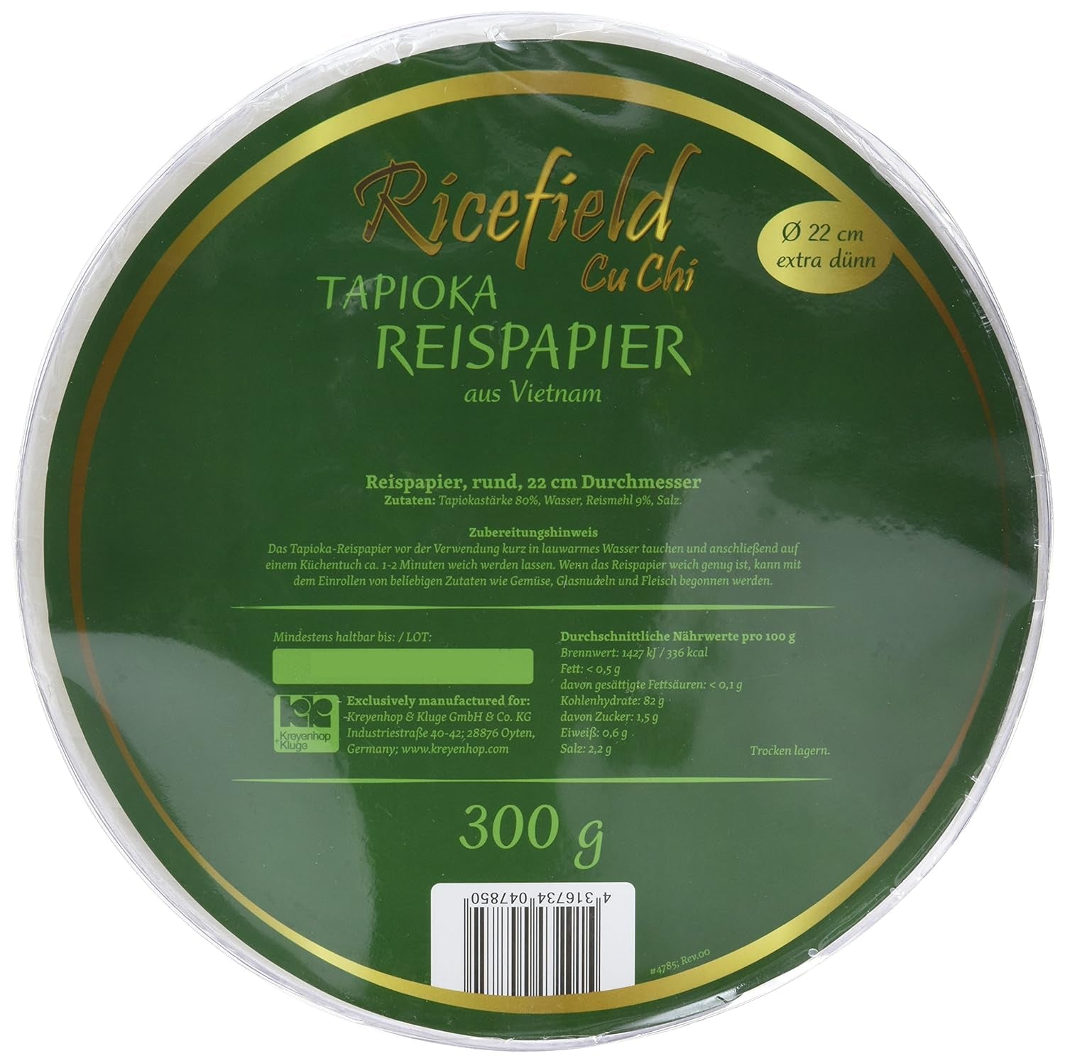 Ricefield Papel de Arroz Tapioca Redondo 22cm Calidad Premium 300g