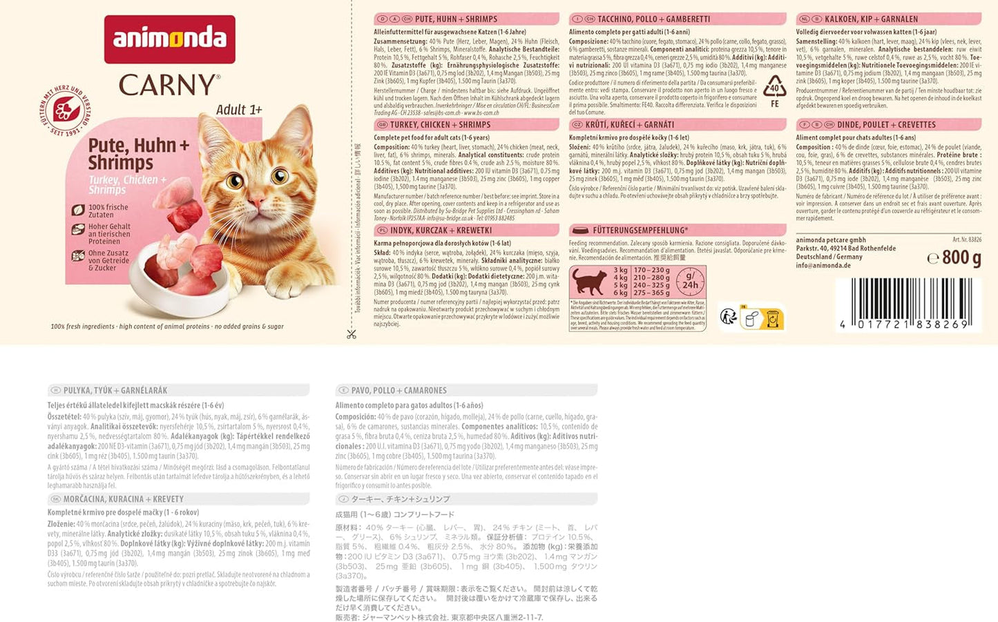 Animonda Carny comida húmeda para gatos pavo + pollo + gambas (6 x 800g), comida húmeda sin cereales, sin azúcar y con ingredientes cárnicos frescos