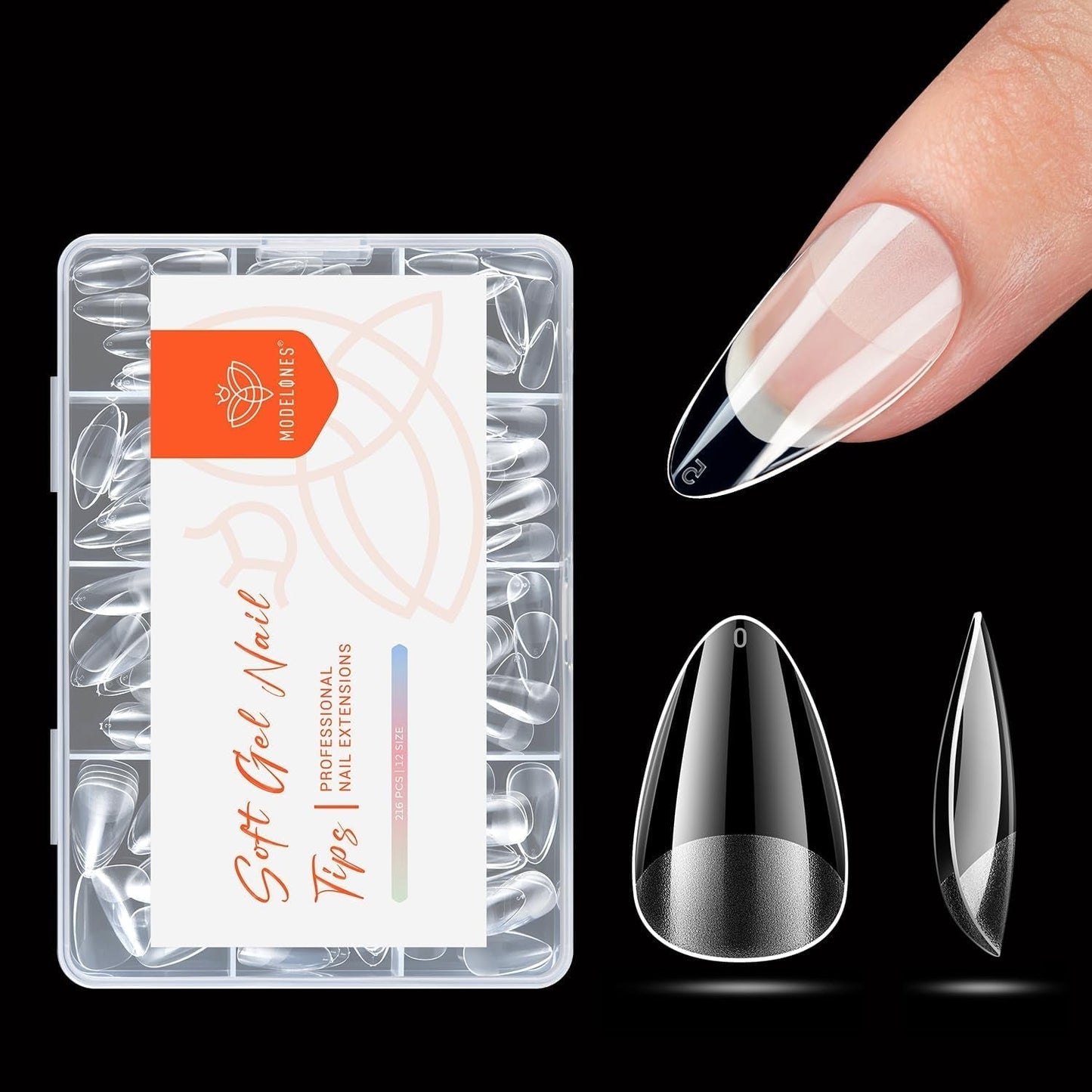 Modelones Puntas de Uñas 216 Piezas - Juego de Puntas de Uñas de Cobertura Completa, Juego de Puntas de Gel Suave, Puntas de Uñas de Resina PMMA Prepulido, Pegamento DIY en Uñas Artificiales, Almendras Cortas XS