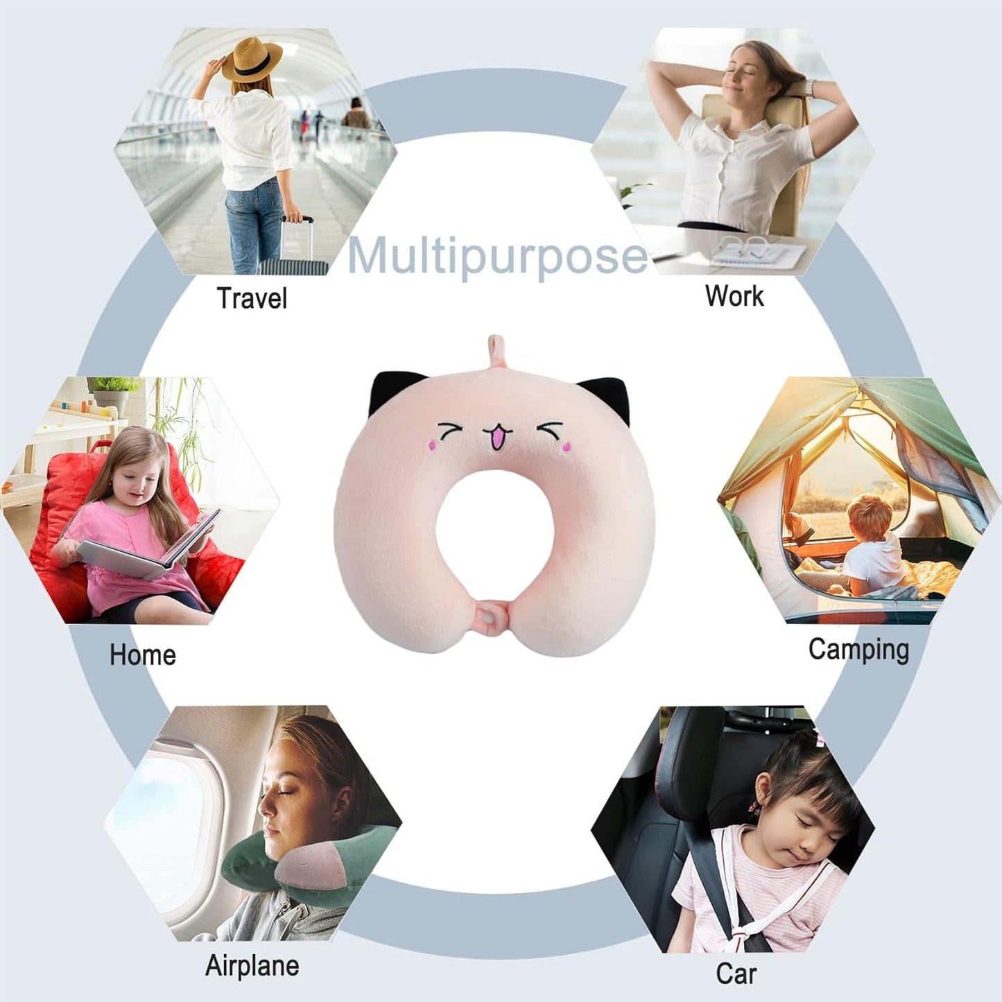 Almohada para el cuello Almohada para el cuello para niños para avión, automóvil, tren, viaje, almohada de viaje de espuma viscoelástica para adultos, almohada en forma de U con patrón de animales lindo, funda desmontable (Rosa2) Almohadas ortopédicas cervicales Naty Shop