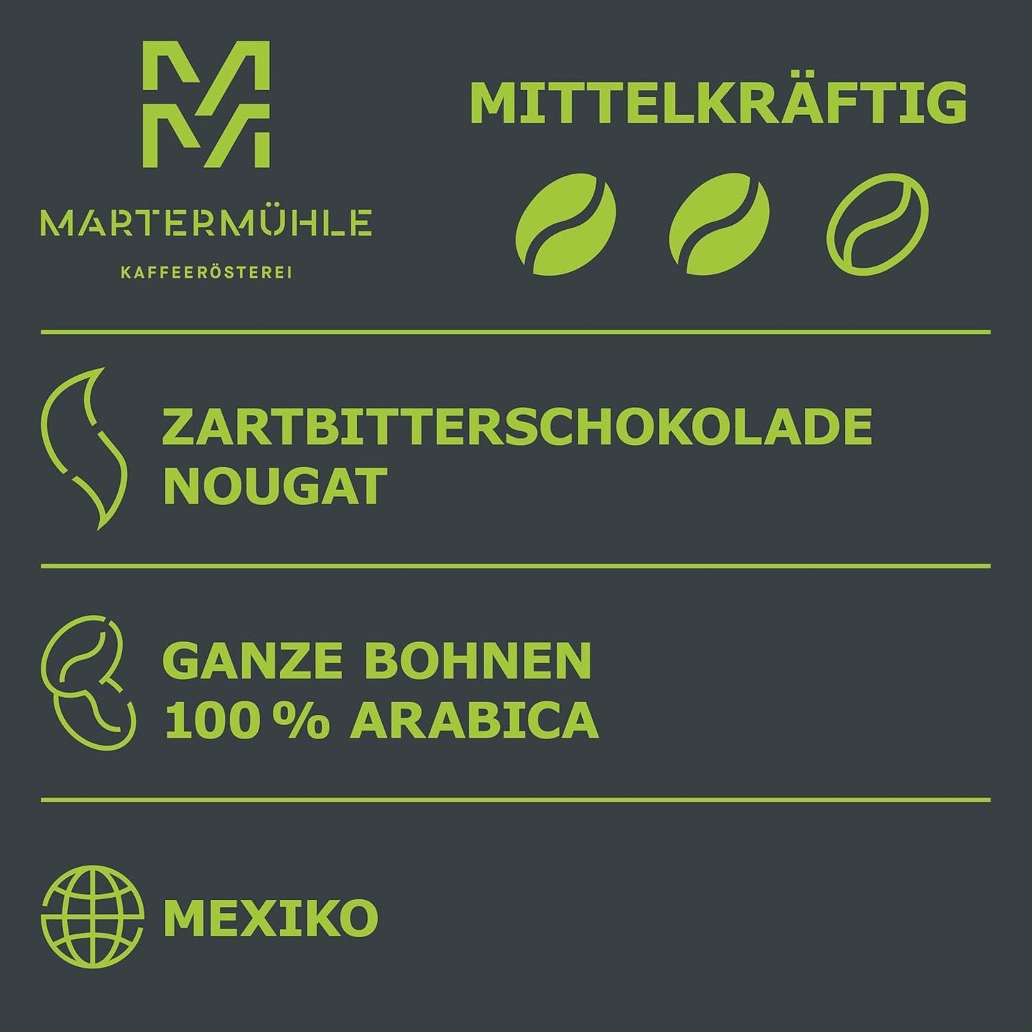 Martermühle Mexiko Bio Espressobohnen entkoffeiniert 1kg mittelkräftig I Arábica I Sabor: Turrón, Zartbitterschokolade I Ganze Bio Espresso-Bohnen schonend geröstet, säurearm