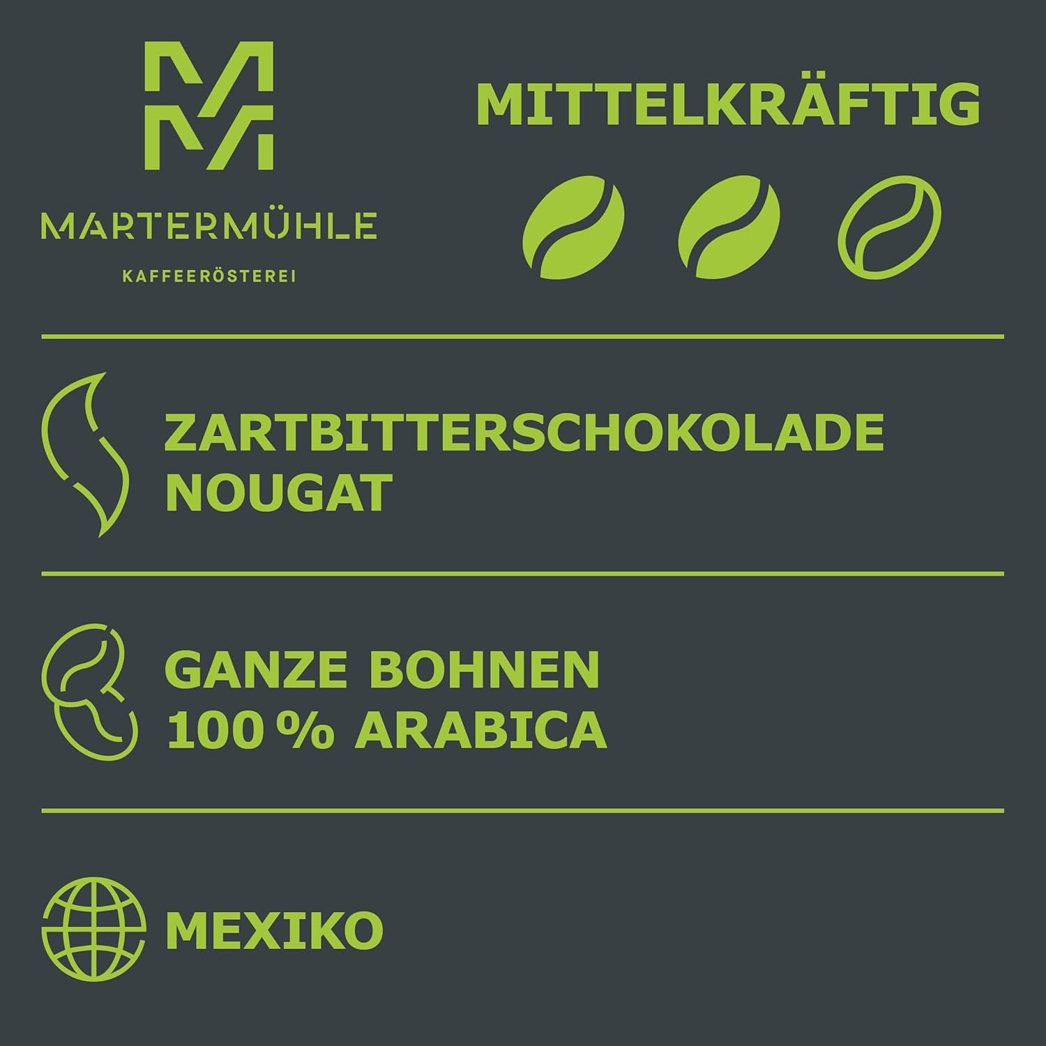 Martermühle Mexiko Bio Espressobohnen entkoffeiniert 1kg mittelkräftig I Arábica I Sabor: Turrón, Zartbitterschokolade I Ganze Bio Espresso-Bohnen schonend geröstet, säurearm
