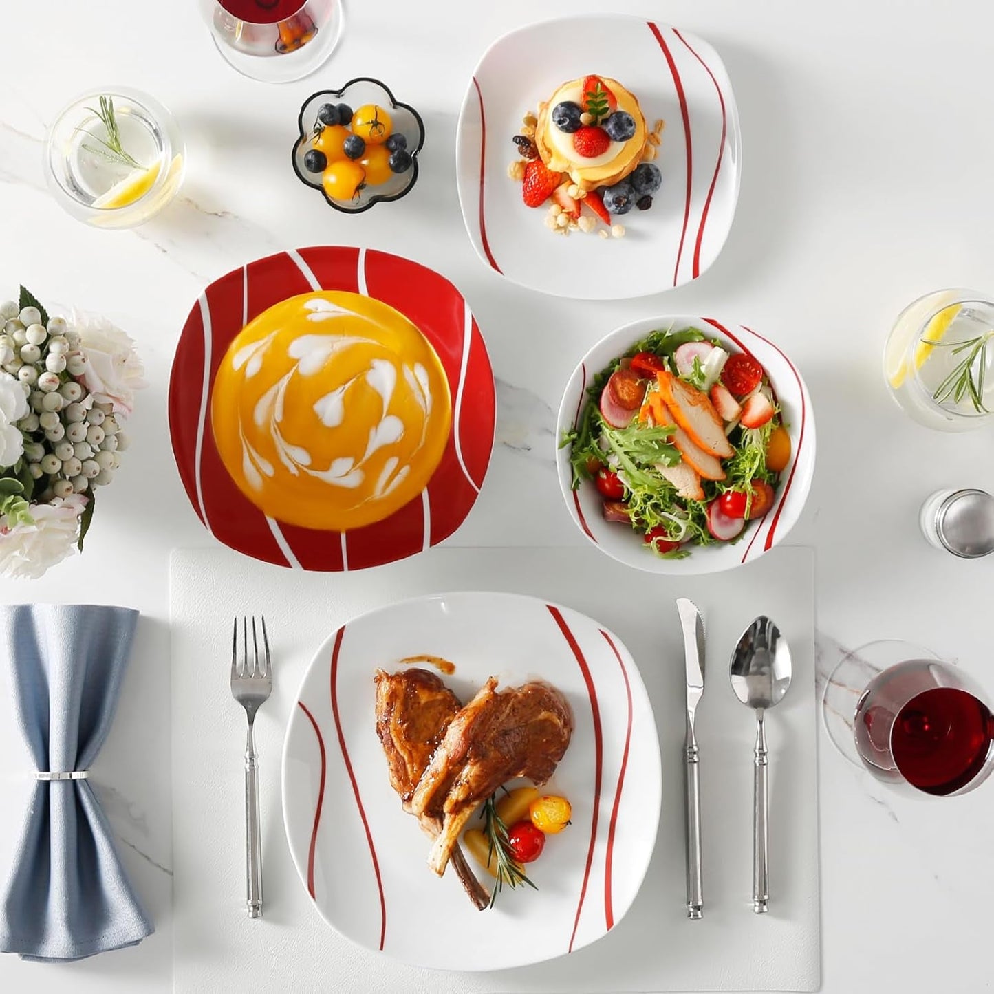 MALACASA Vajilla para 6, Vajilla de Porcelana Felisa 24 Piezas, Vajilla Moderna con 6 Platos Llanos, Platos de Postre, Platos Suma y Cuencos, Perfecto para Navidad y Uso Diario