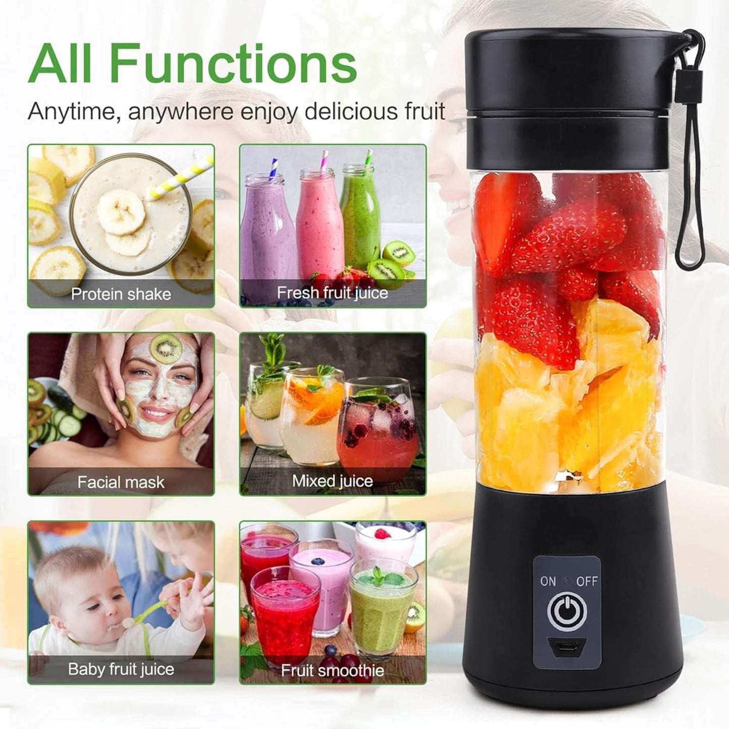 Batidora Smoothie Maker Tragbarer Entsafter: 380Ml Standmixer Persönlicher Shaker Proteinshake Mit 6 Edelstahlmesser Tragbar-Bpa-Freie Mit Usb-Mixbecher Für Shakes,Saftoutdoor,Schwarz Bucatarie Naty Shop